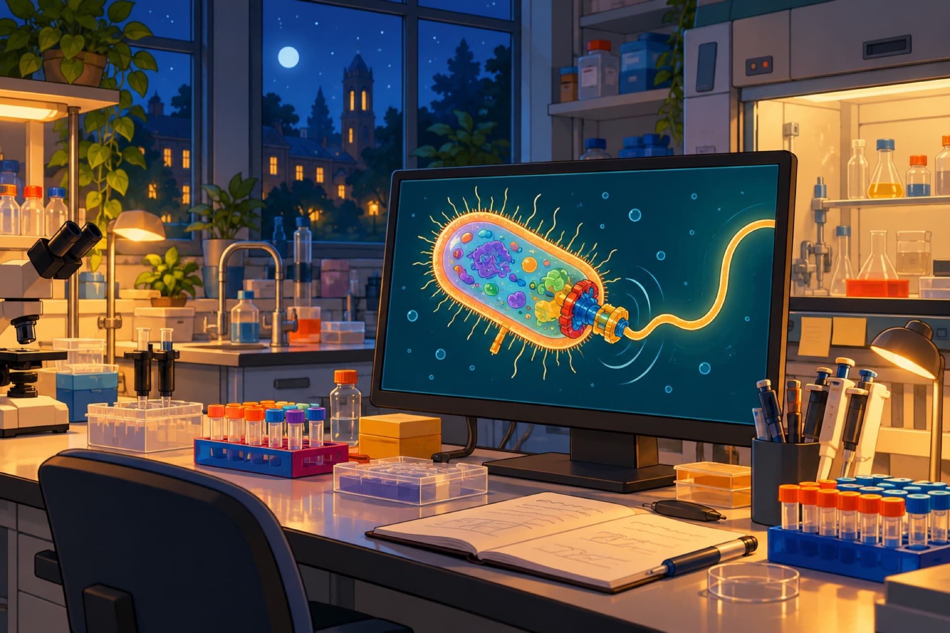 A biochemistry lab at night, a big screen showing a cartoon bacterium with a long whip-like tail.