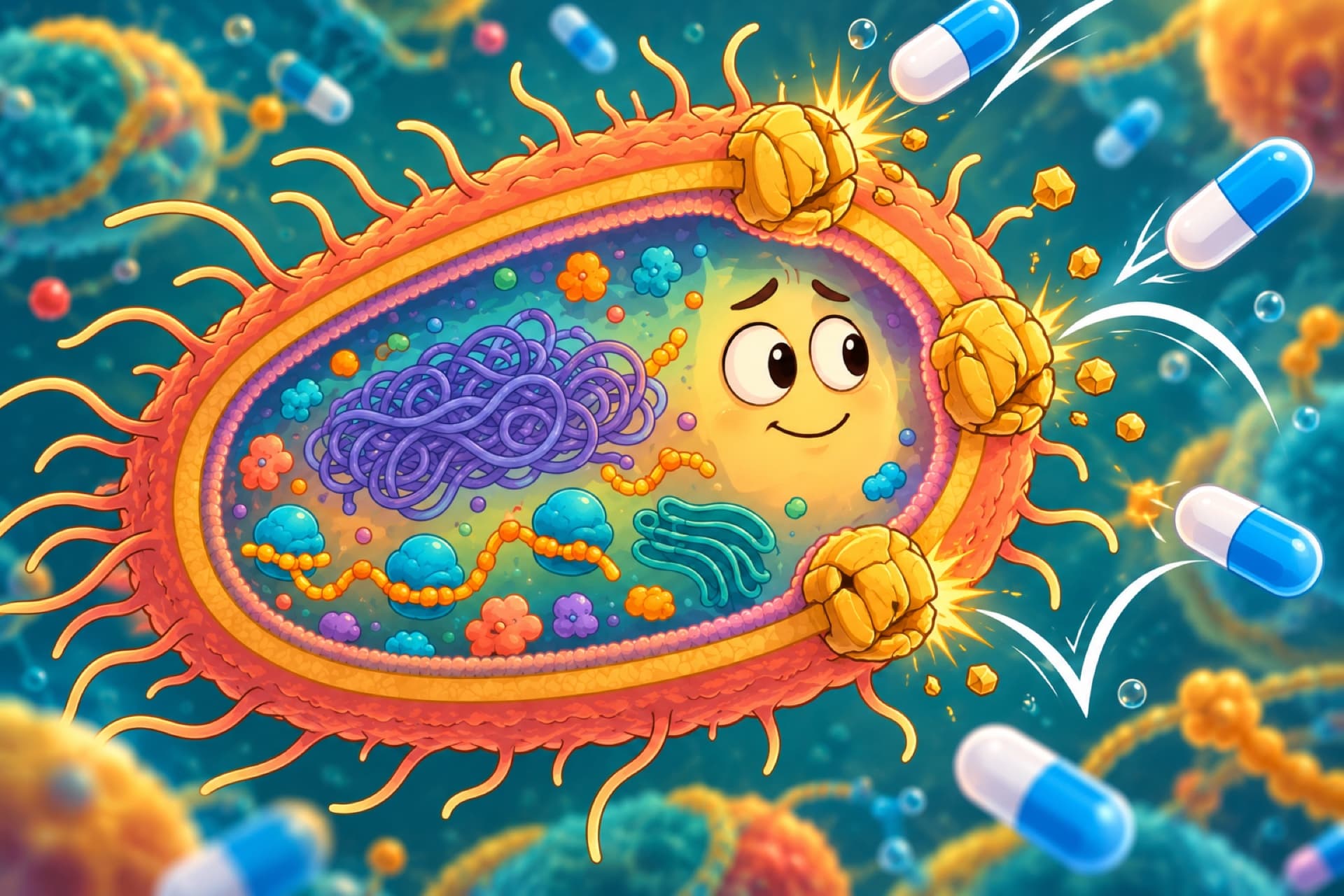 The same bacterium with its doorways broken shut, as medicine capsules bounce off its wall.