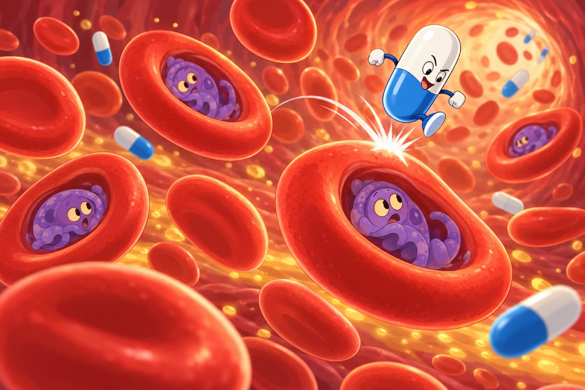 Red blood cells drift past with tiny purple parasites inside, as a capsule of medicine bounces off one of them.