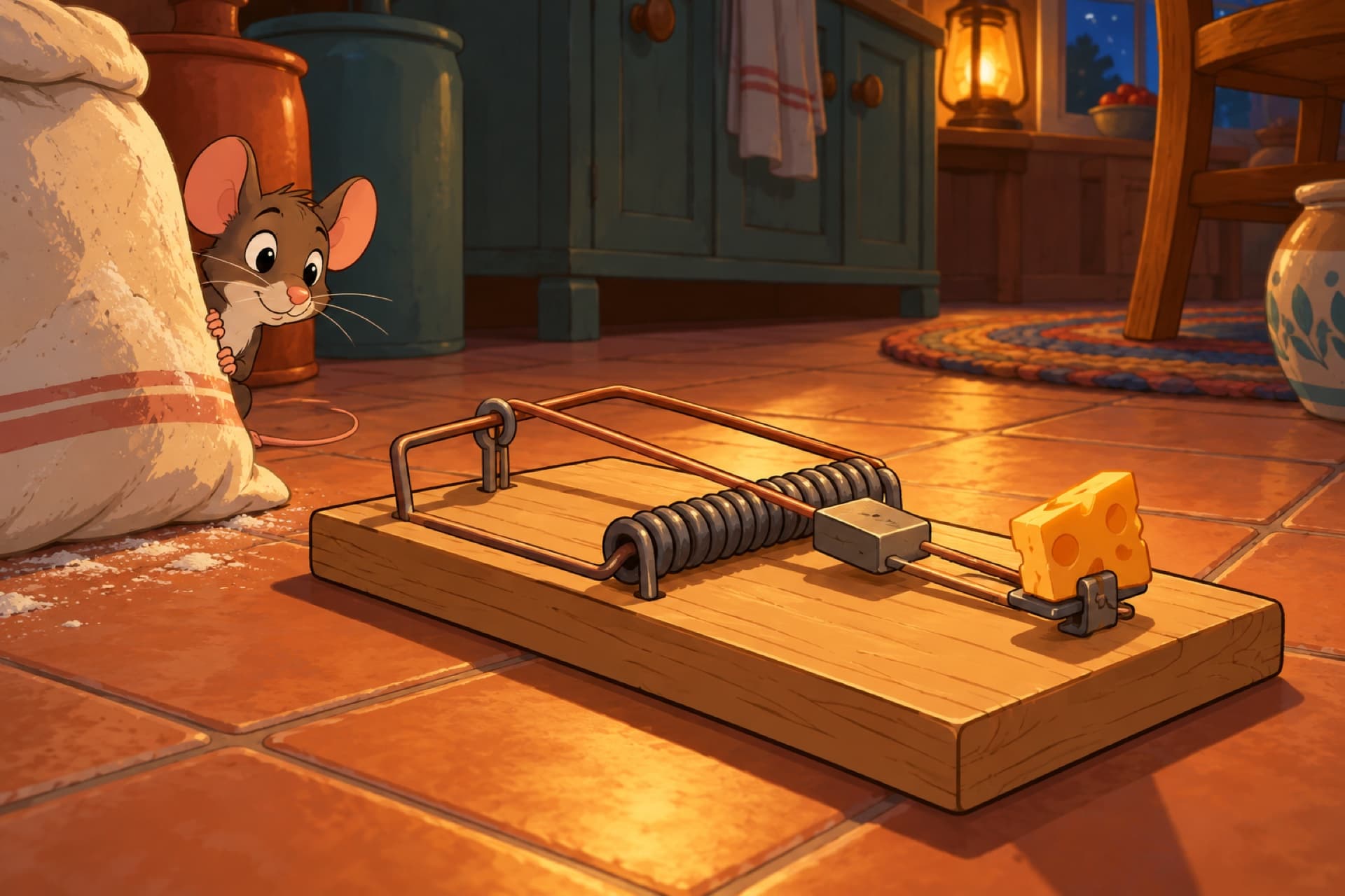 A whole wooden mousetrap, set, with cheese on its catch, on a kitchen floor at night.