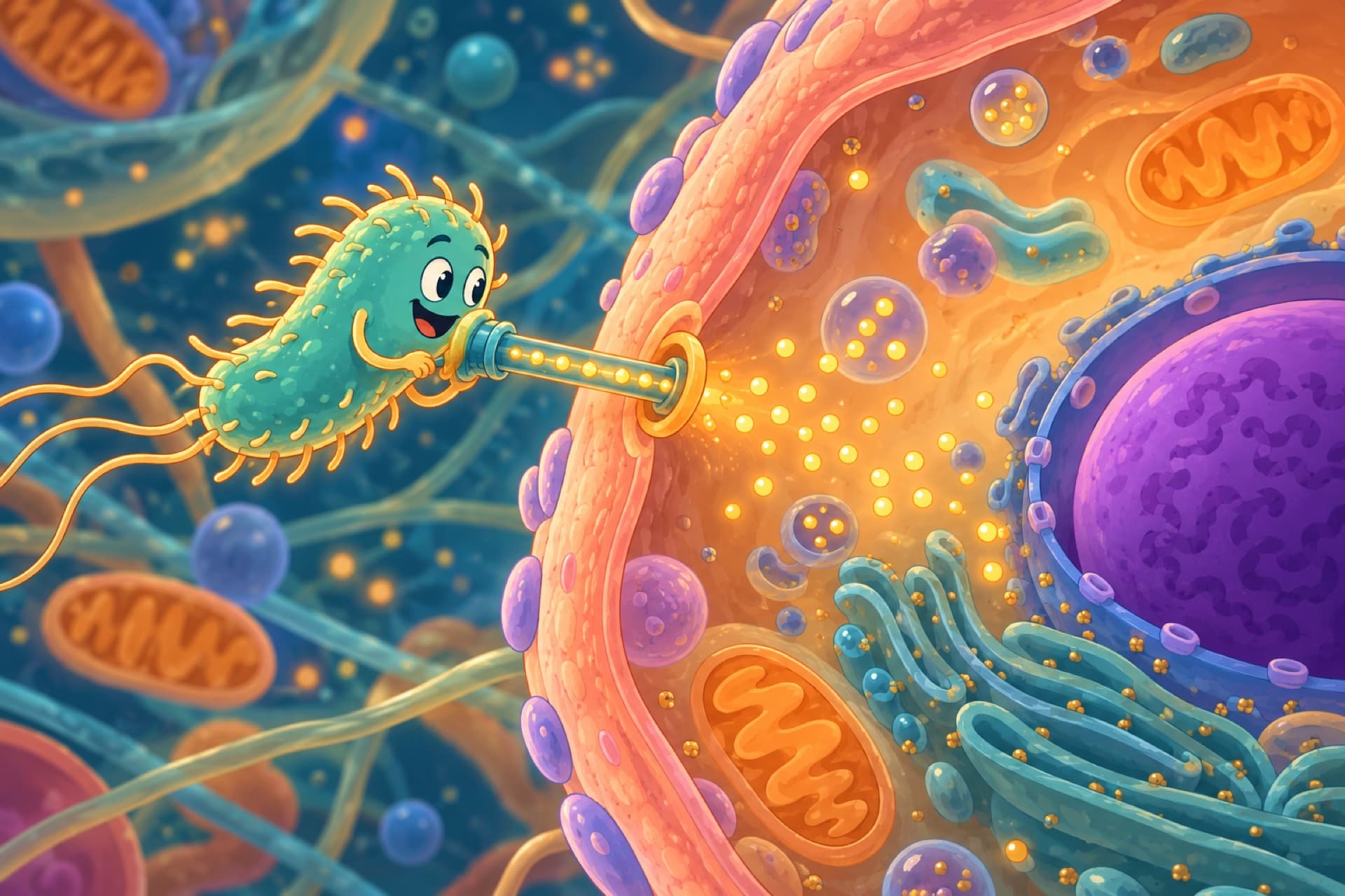 A cartoon bacterium presses a tiny needle against a larger cell and injects glowing specks into it.