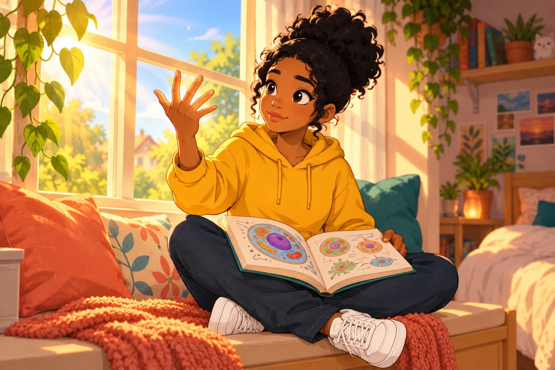 A teenager sits by a window in the sunlight, looking at her open hand in wonder.