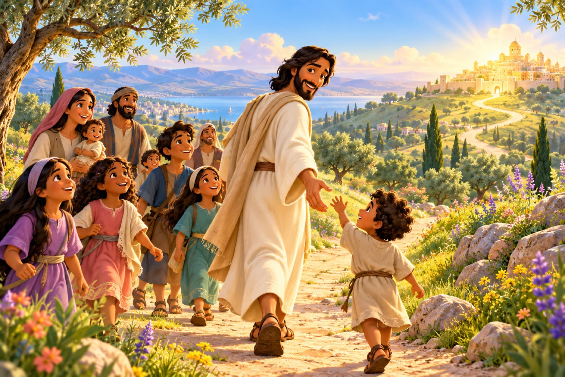 Jesus walks a sunlit path through green hills, smiling and holding out his hand in welcome, with children and families following him toward a bright city.