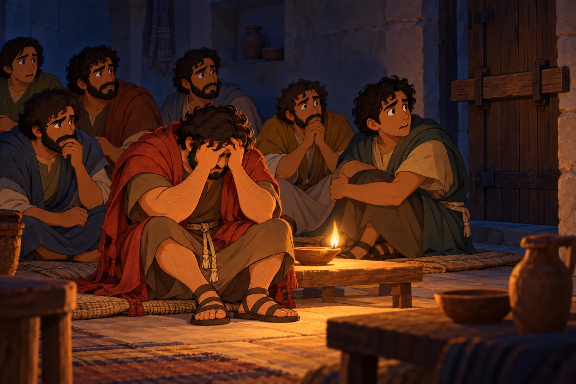 In a locked upper room at night, the frightened disciples huddle around one lamp while Peter sits with his head in his hands.