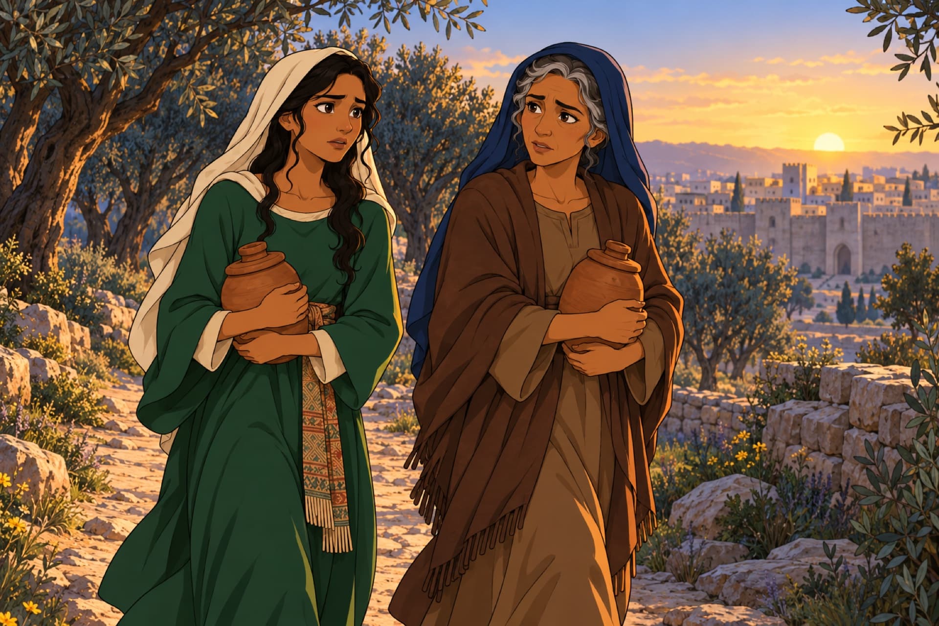 In the half-light before sunrise, Mary Magdalene and the other Mary walk a garden path carrying jars of spices.