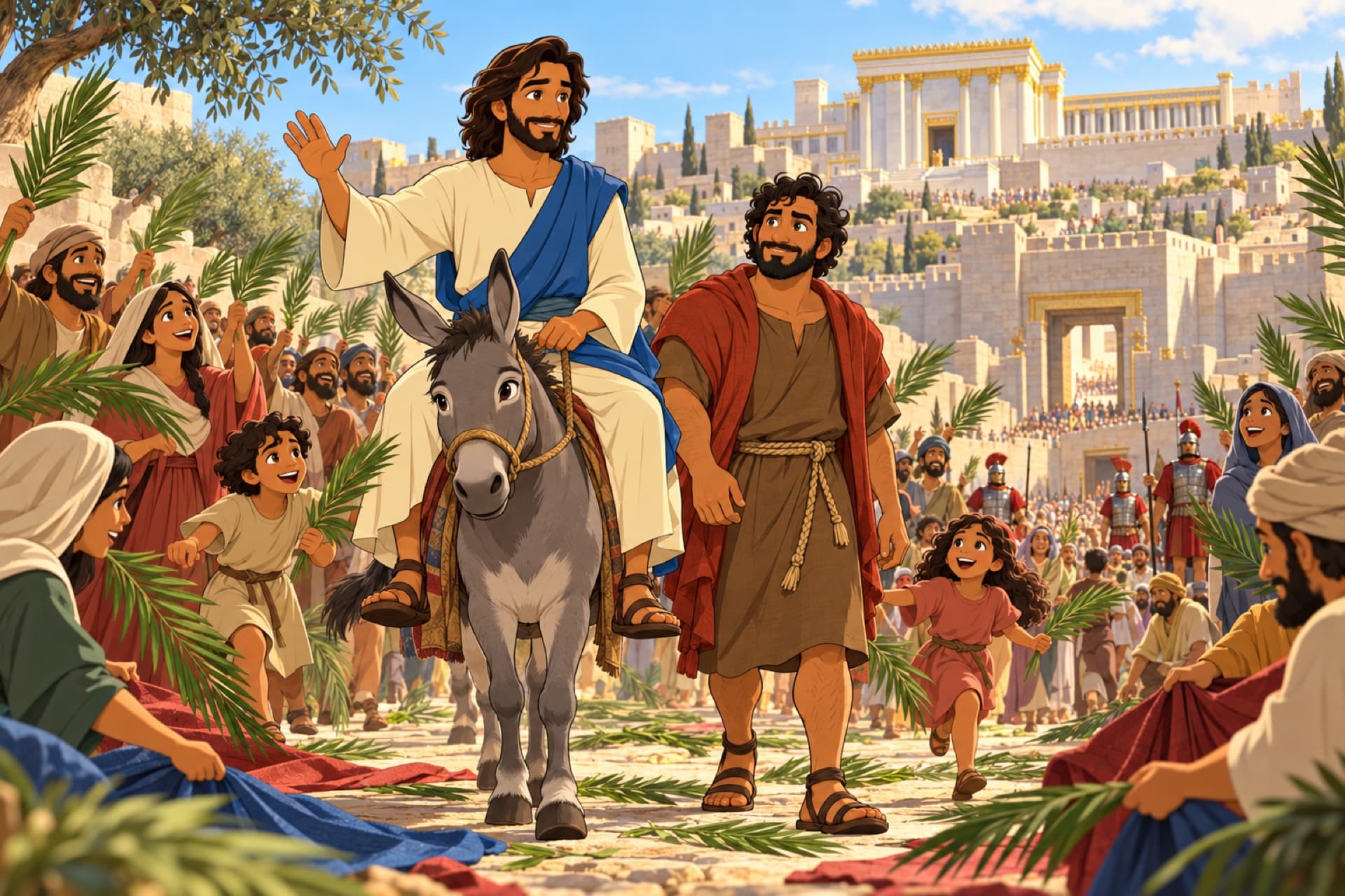 Jesus rides a young donkey down the road toward Jerusalem as a crowd waves palm branches and spreads cloaks on the road.