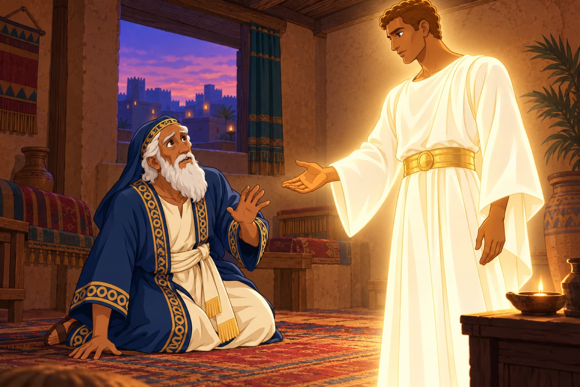 At dusk in Daniel's room, the angel Gabriel, like a man in shining white, stands before old Daniel, who looks up from prayer.