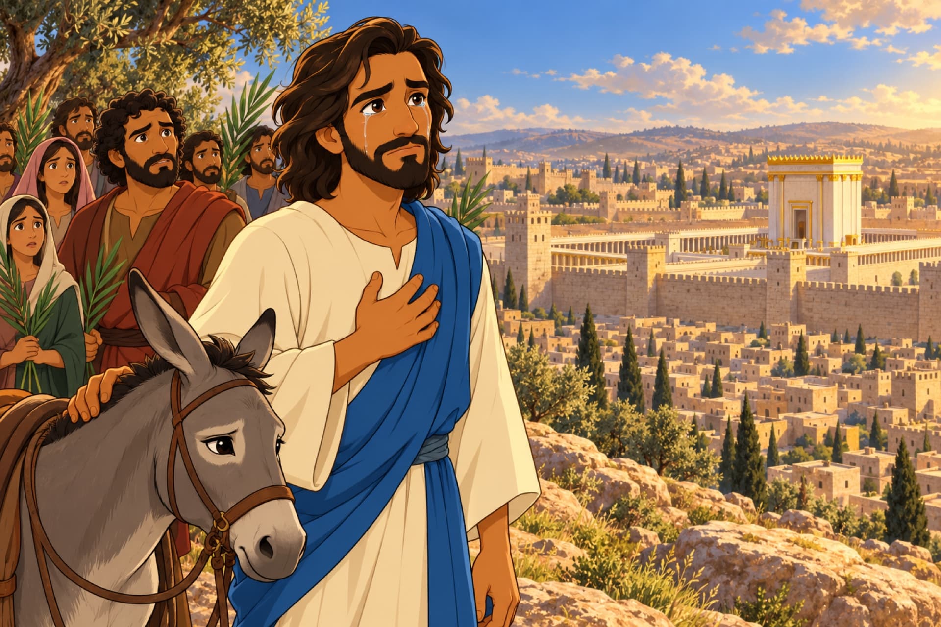 On the slope of the Mount of Olives, Jesus weeps as he looks at Jerusalem and the gleaming Temple.