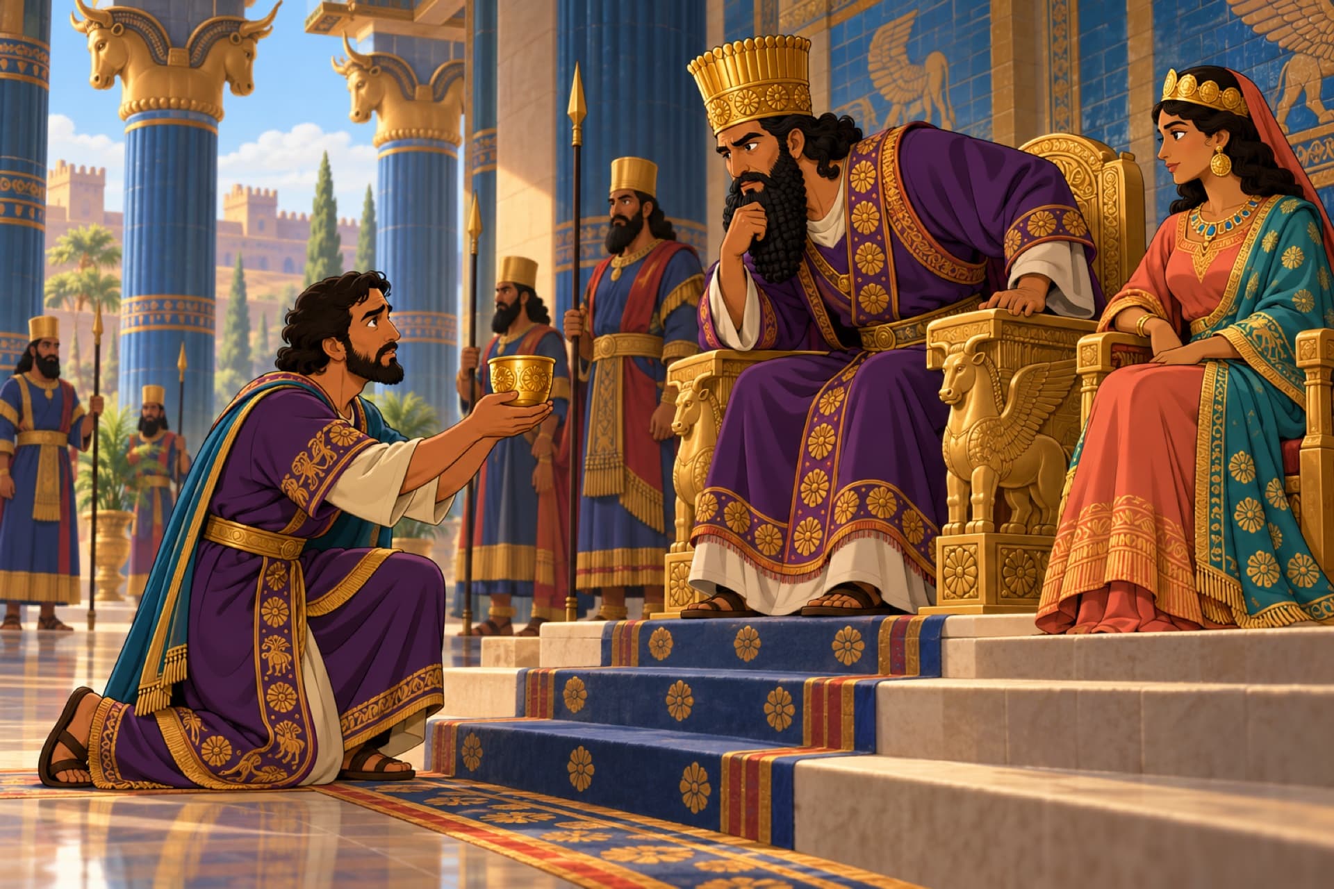 In the Persian palace, Nehemiah offers the king a golden cup of wine, his face sad, while the queen sits beside the king.
