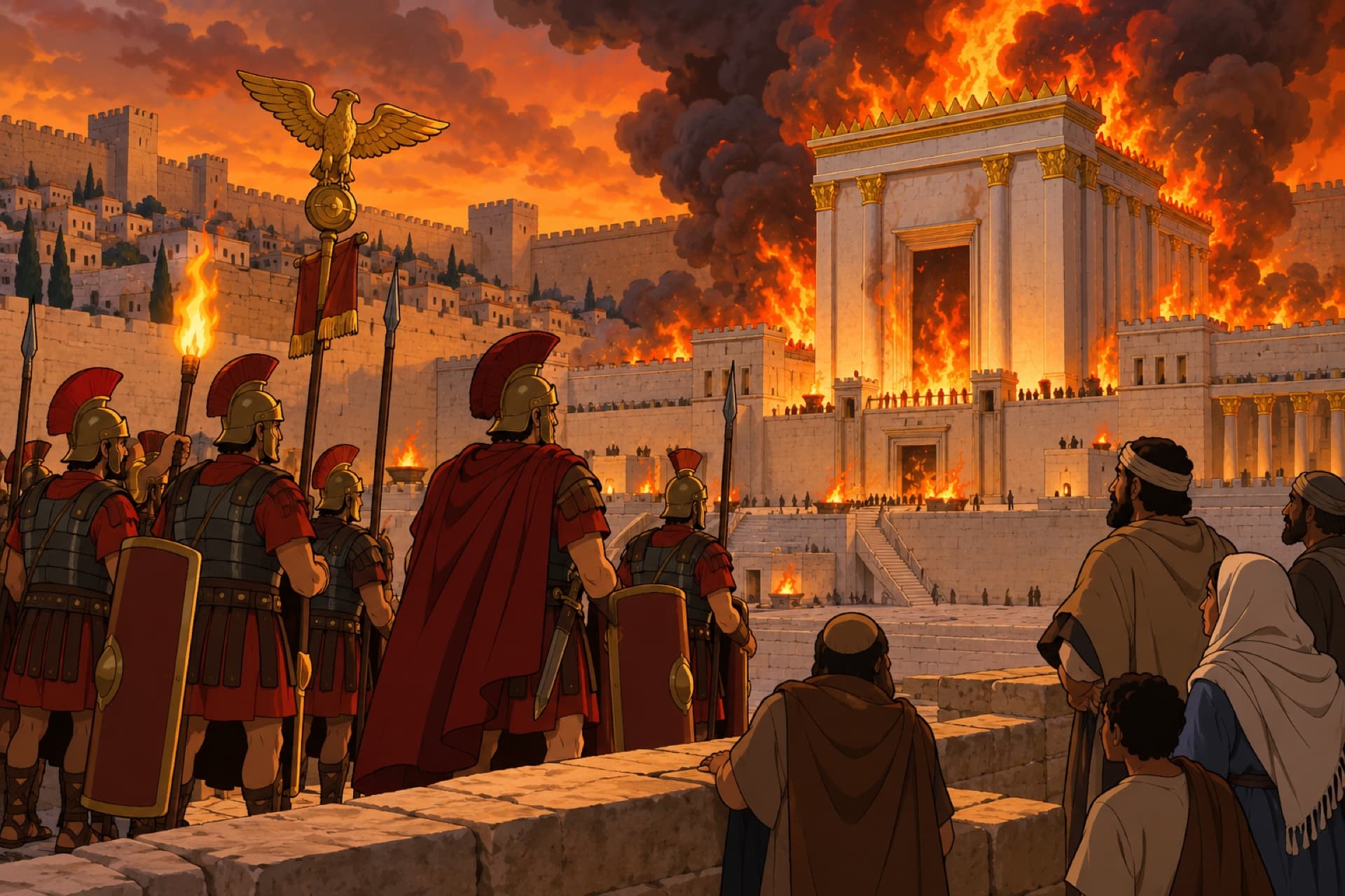 In AD 70, Roman soldiers watch from the courts as flames and black smoke pour from the Temple.