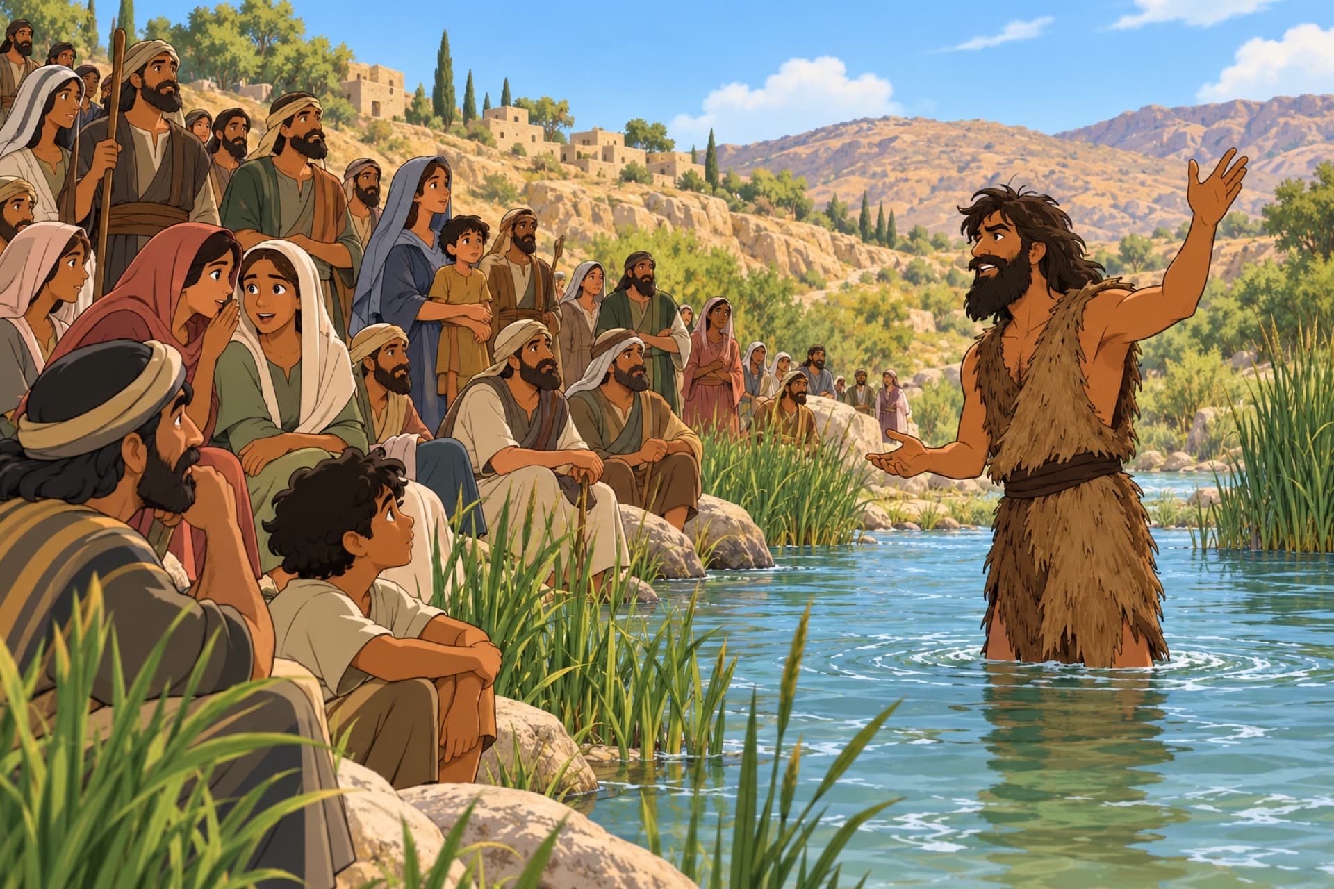 On the bank of the Jordan, a crowd listens to John the Baptist, wondering to each other if he might be the Messiah.
