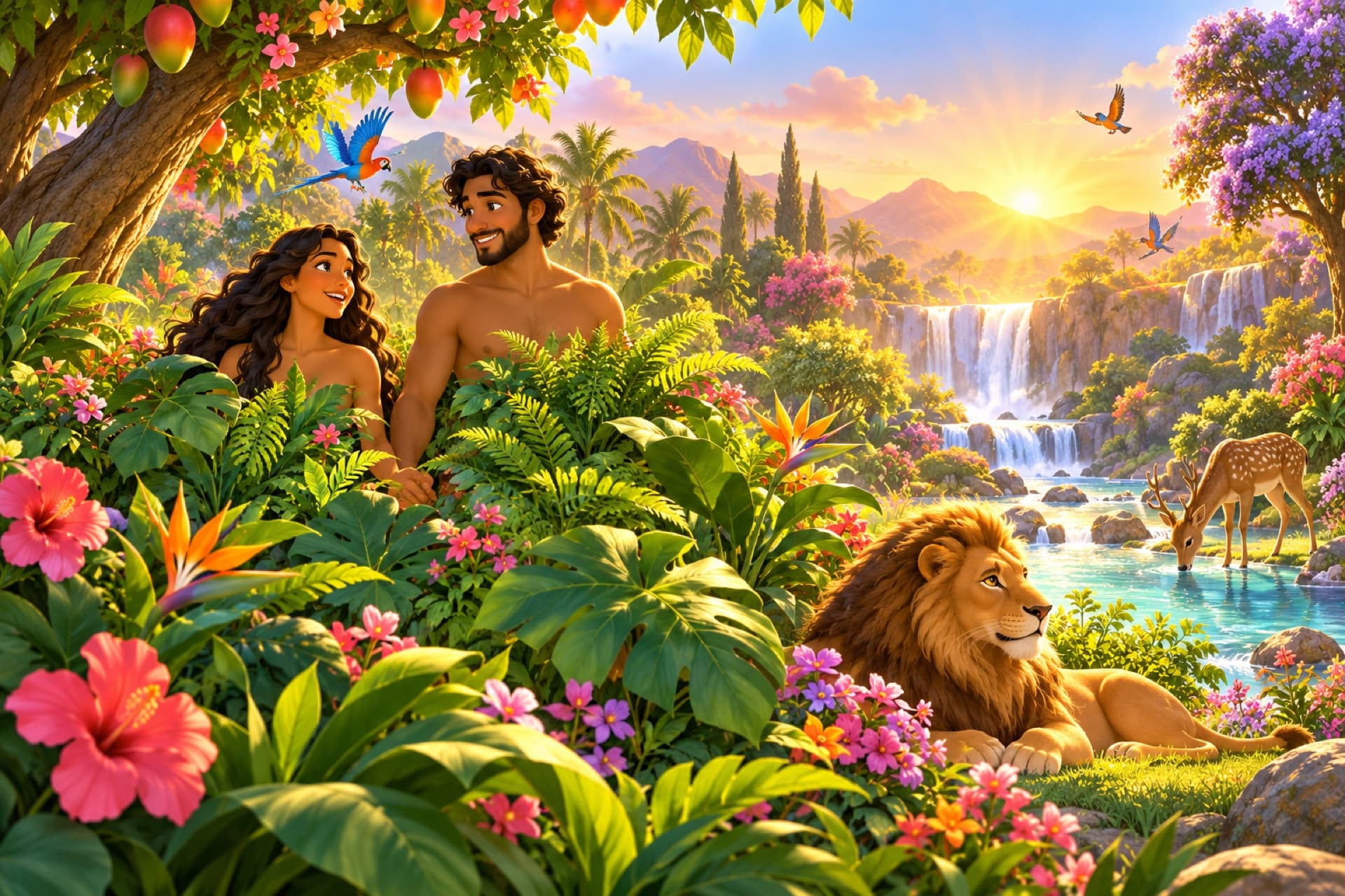 Adam and Eve walk hand in hand through a lush garden at sunrise, with a lion, a deer, birds, and a waterfall.