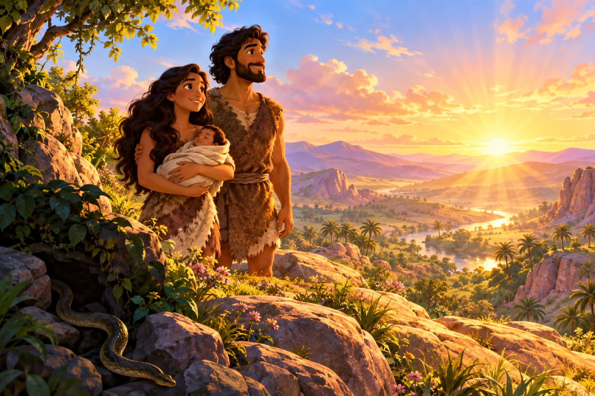 At dawn beside the garden, Adam and Eve, holding a baby, watch the sun rise as a serpent slithers away into the shadows.