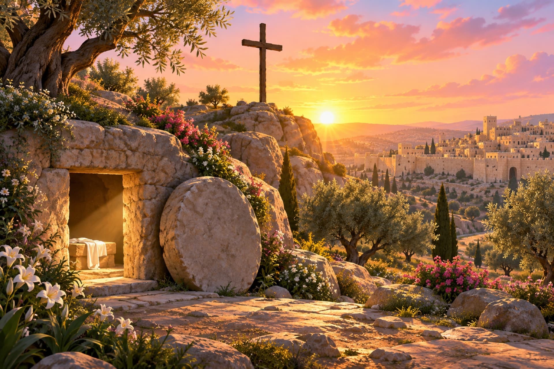 An empty wooden cross on a hill at sunrise, an open tomb in the garden below.