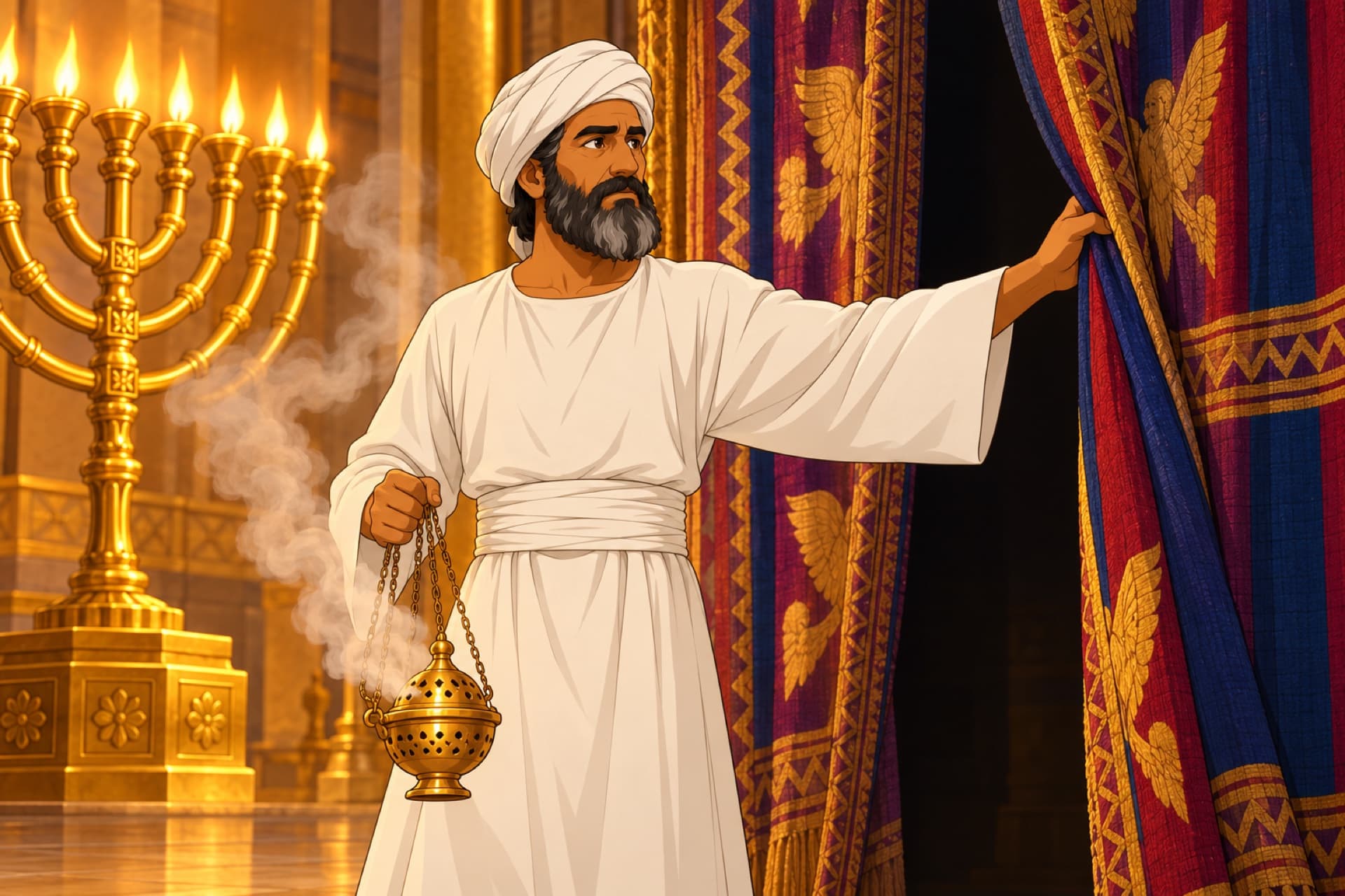 In the Temple, the high priest in plain white linen draws back the heavy curtain and steps into the darkness of the Most Holy Place, carrying a smoking censer.