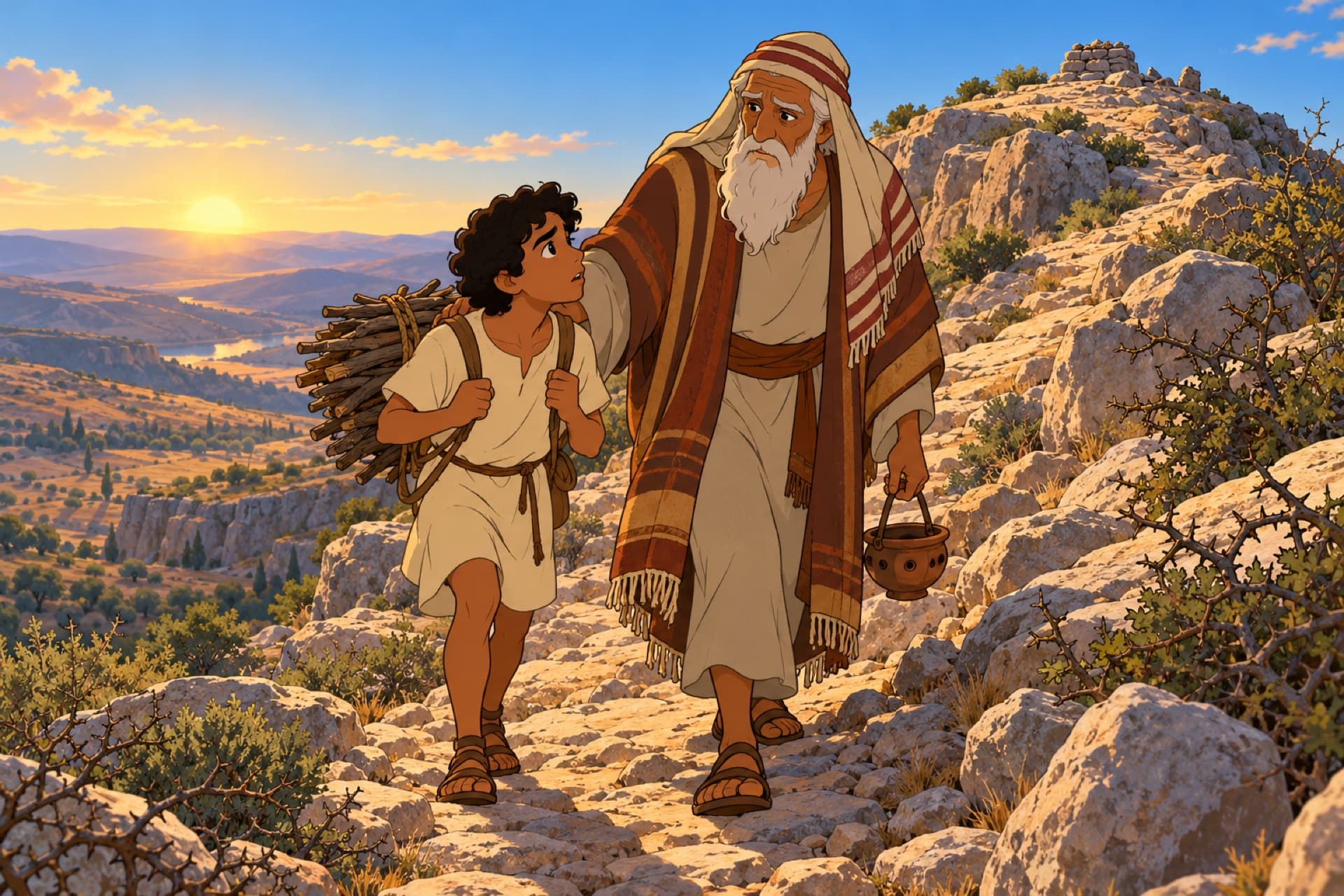 Old Abraham and his son Isaac climb a rocky mountain path, Isaac carrying a bundle of firewood on his back.