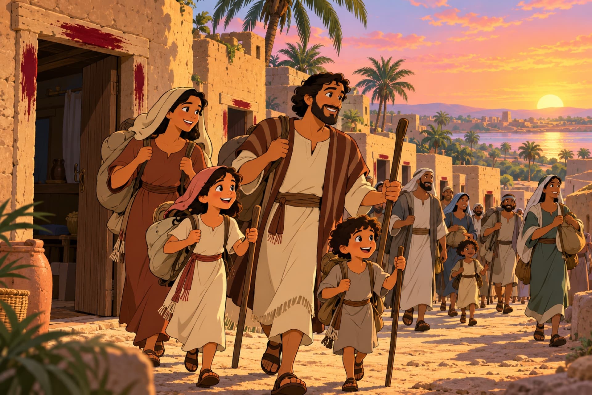 At dawn, the Israelite family steps out of their door, marked in red on the frame, and sets off free into the morning.