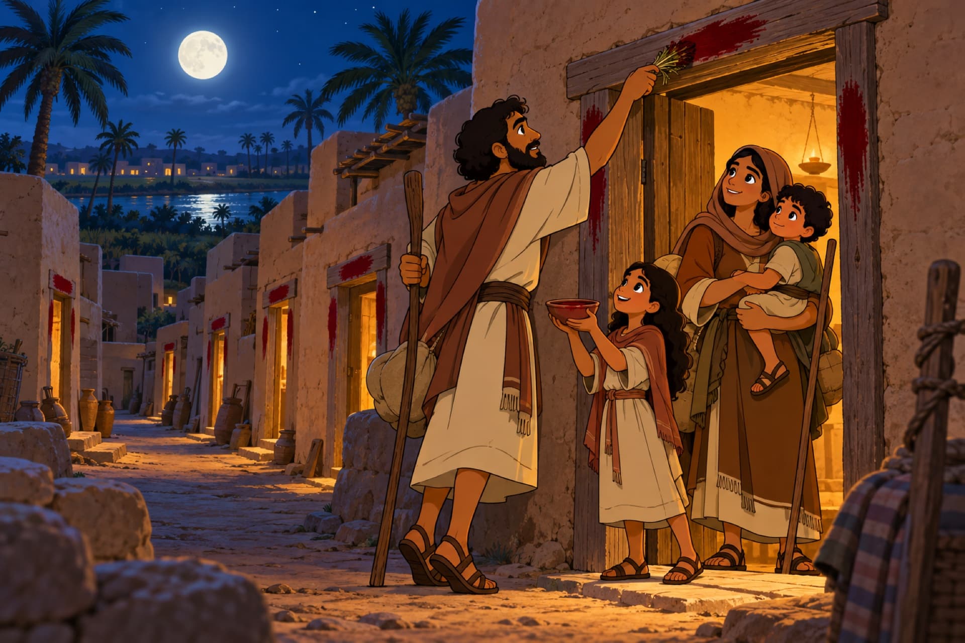 At night in Egypt, an Israelite father brushes lamb's blood onto his doorframe with a bundle of hyssop while his family watches from the doorway.