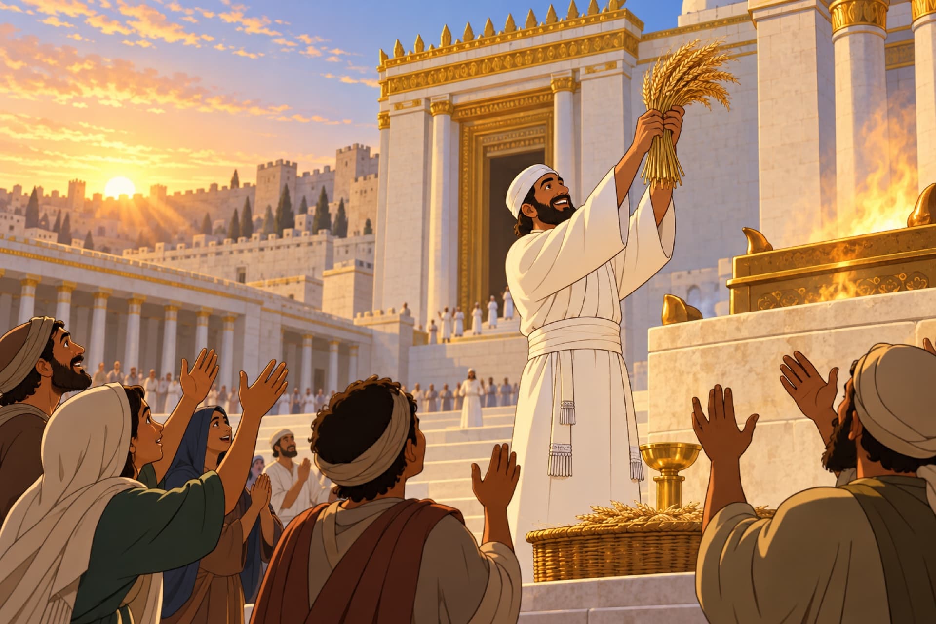 At dawn in the Temple court, a priest in white lifts a sheaf of golden barley and waves it before the Lord.
