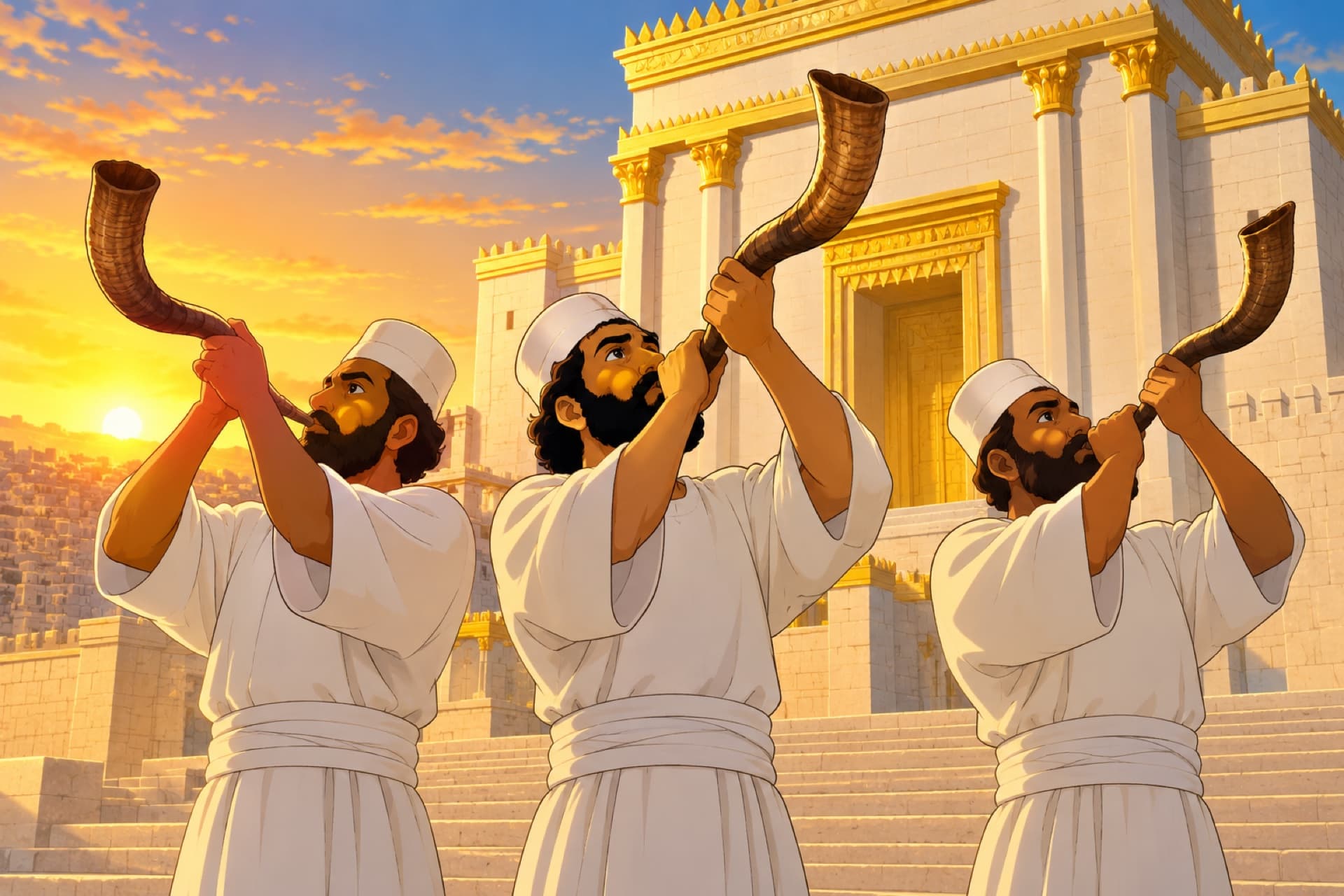 At sunrise on the Temple steps, three priests in white lift curved rams' horns and blow them.