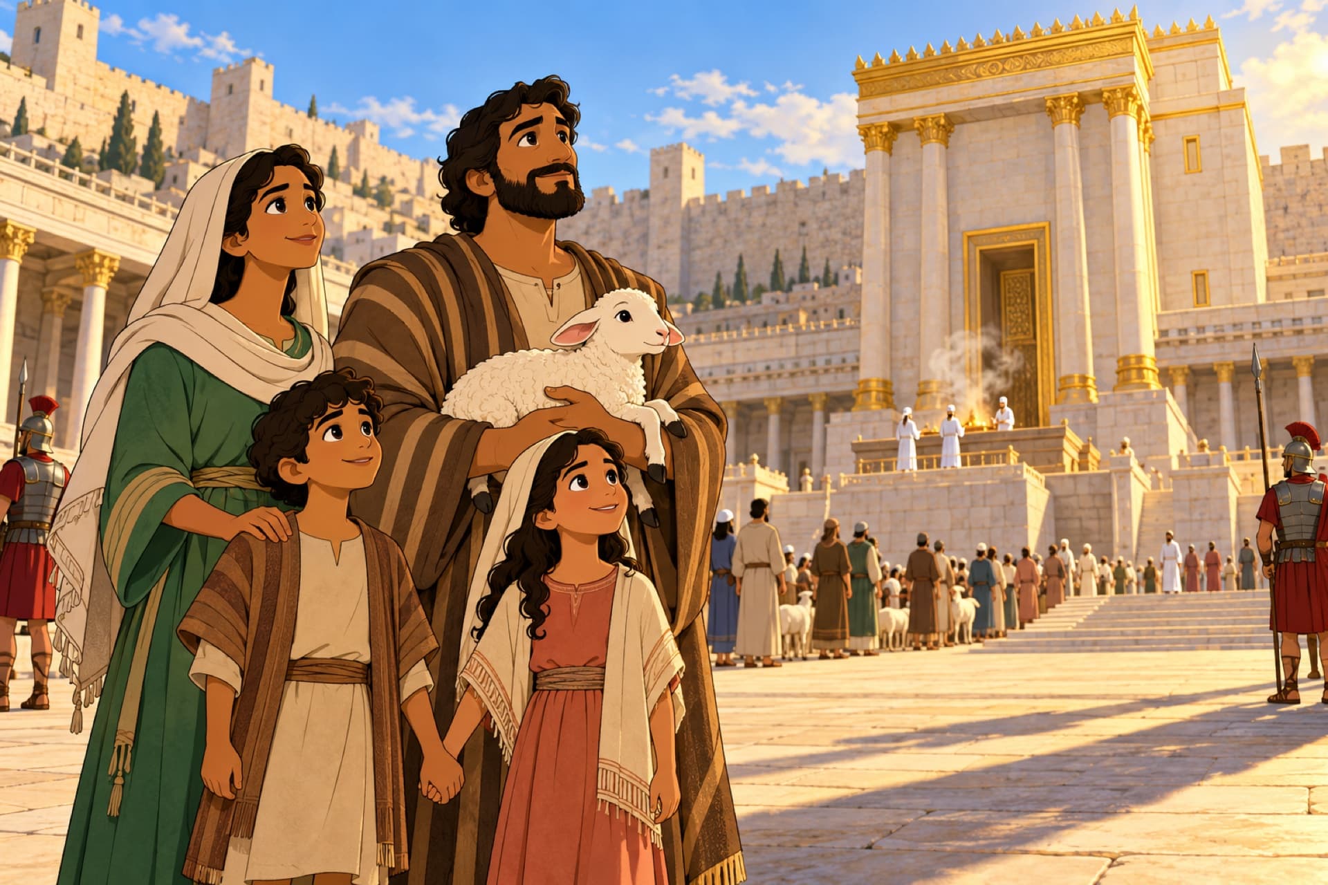 On Passover afternoon in the Temple courts, a father holds a young lamb while his family waits, other families small in the distance.