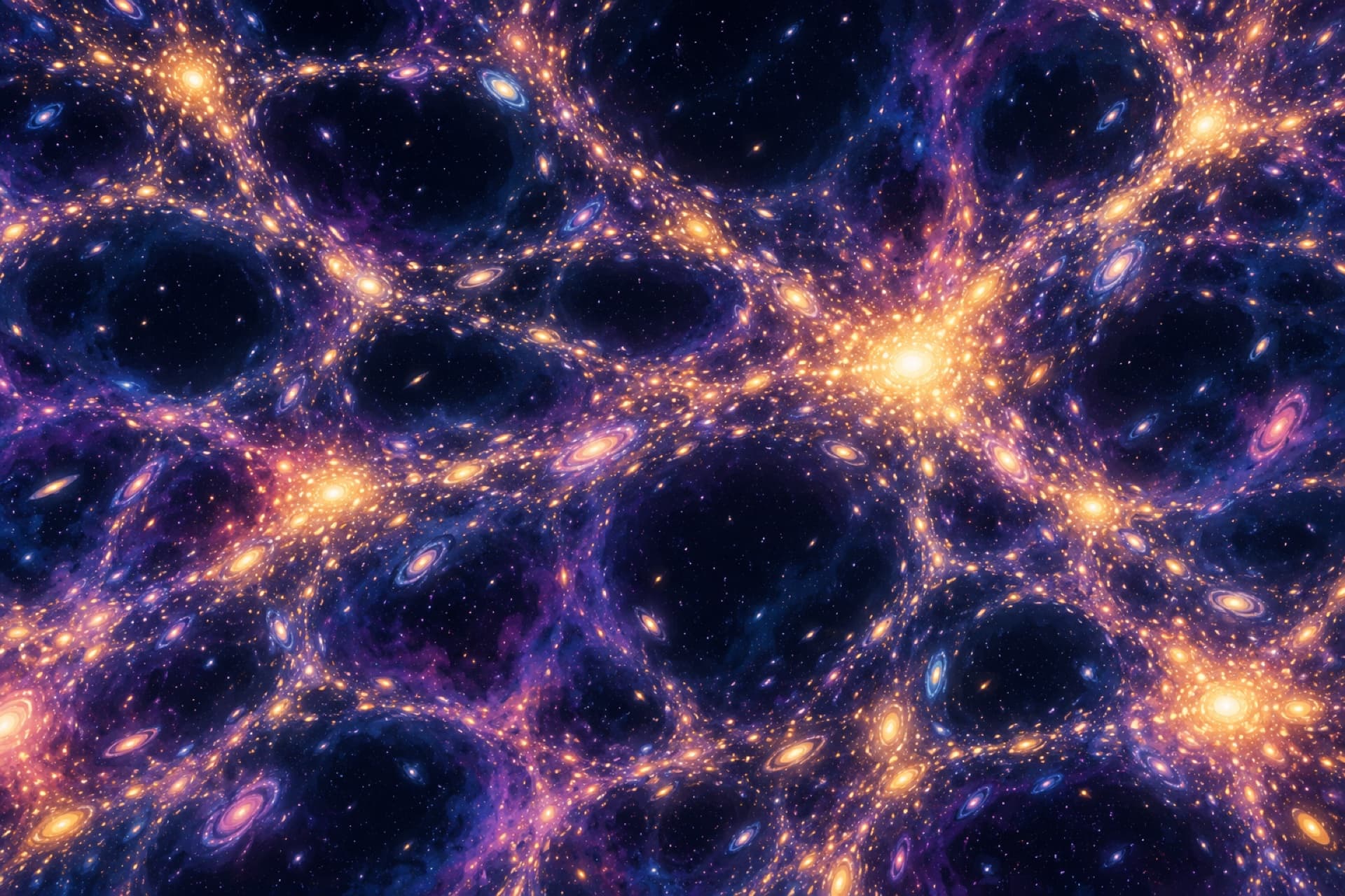 Glowing threads of galaxies stretch across space like a vast web.