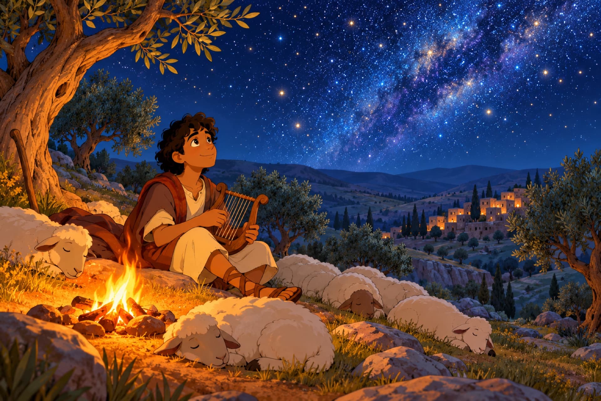 A young shepherd with a harp sits among his sheep on a hillside at night, looking up at the stars.
