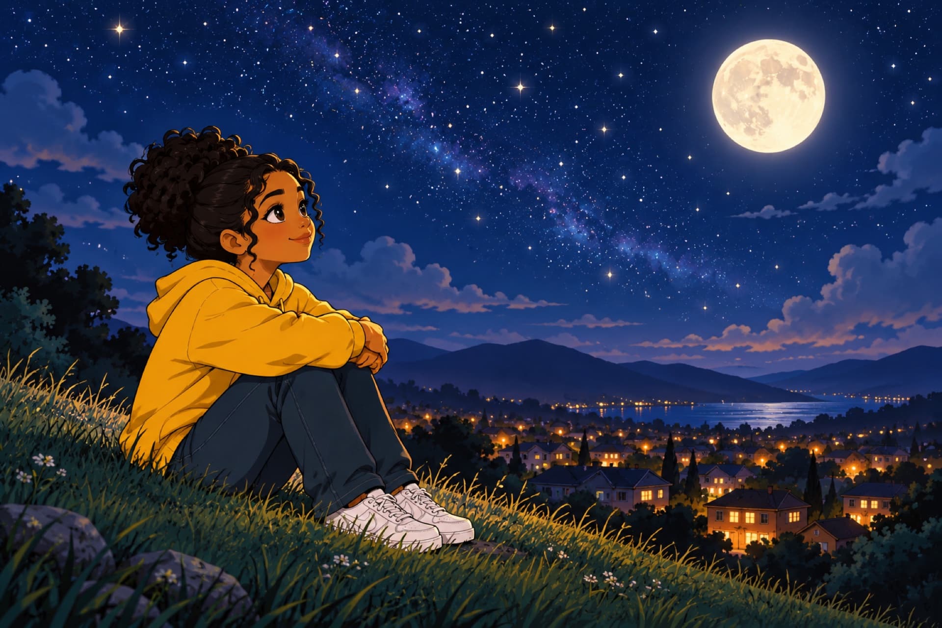 A teenager sits on the grass on a hilltop at night, hugging her knees, looking up at the moon and the stars.
