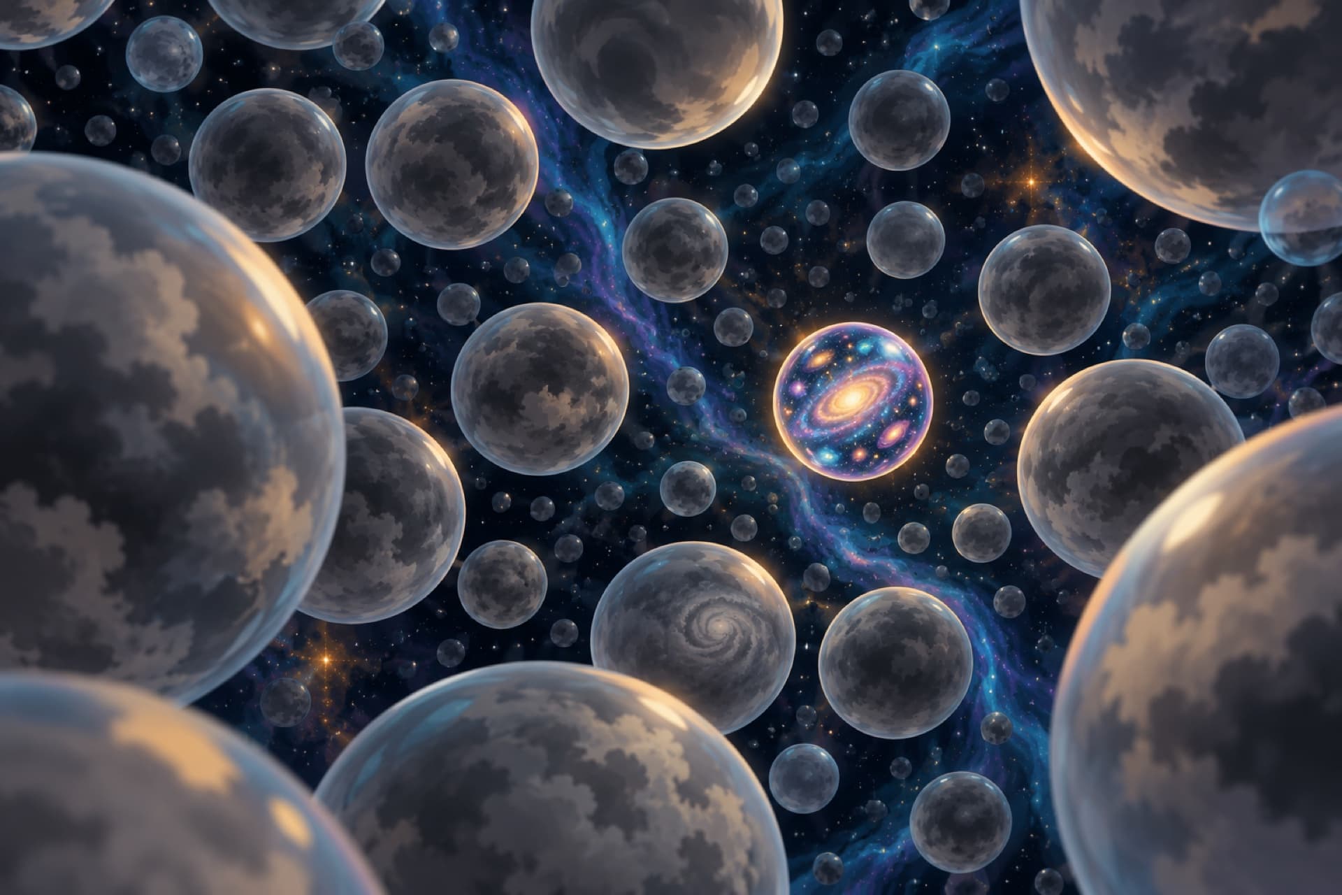 Countless soap-bubble universes float in darkness, almost all of them dark and empty.
