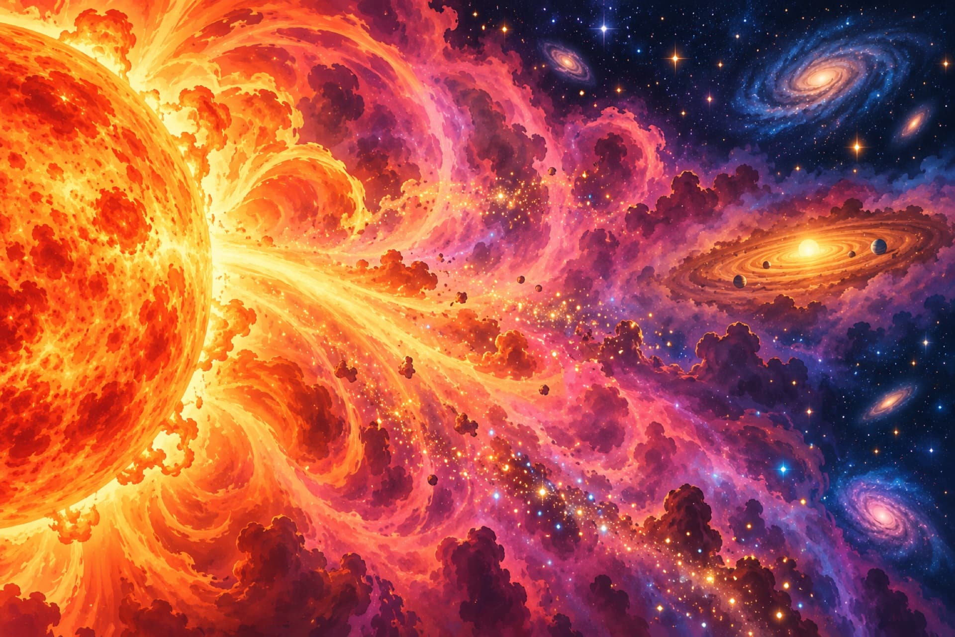 A huge orange star throws glowing clouds of gas out into a colorful nebula.