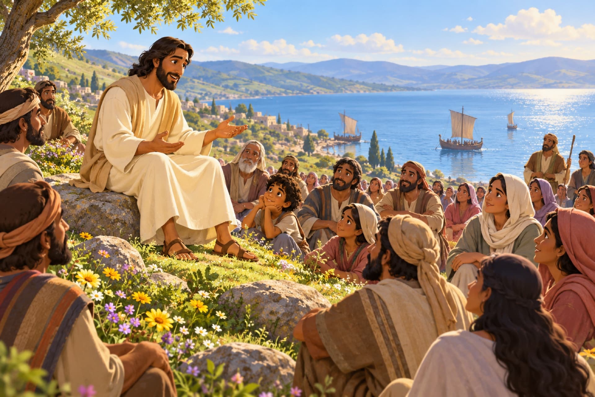 Jesus teaches a large crowd on a green hillside above a lake.