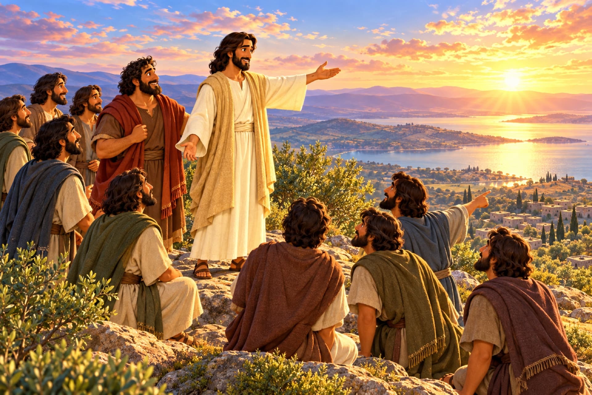 On a mountaintop in Galilee at sunrise, the risen Jesus stretches out his arm toward the horizon as eleven disciples look where he points.