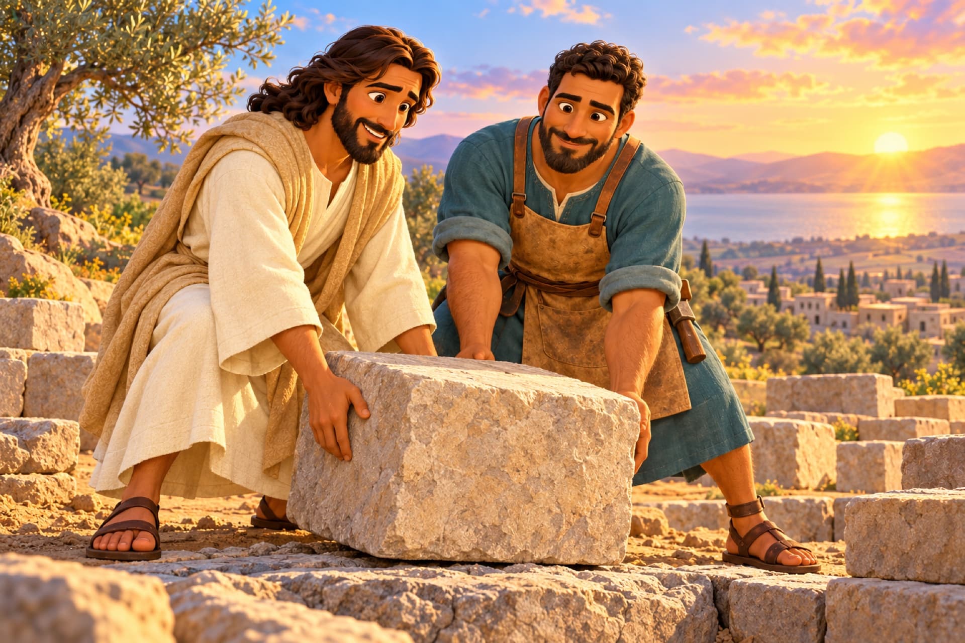 At sunrise on a rocky hill, Jesus and the wise builder lift a foundation stone into place together.