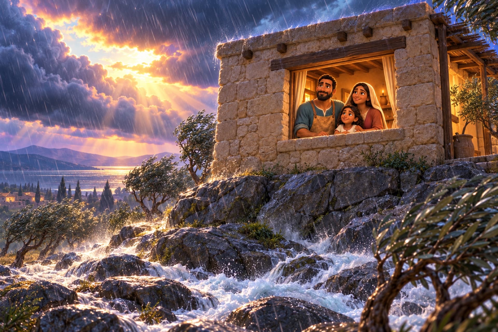 In a storm, rain and wind beat on a stone house on a rocky hill, but it stands firm; inside its lit window the wise builder and his family are safe.