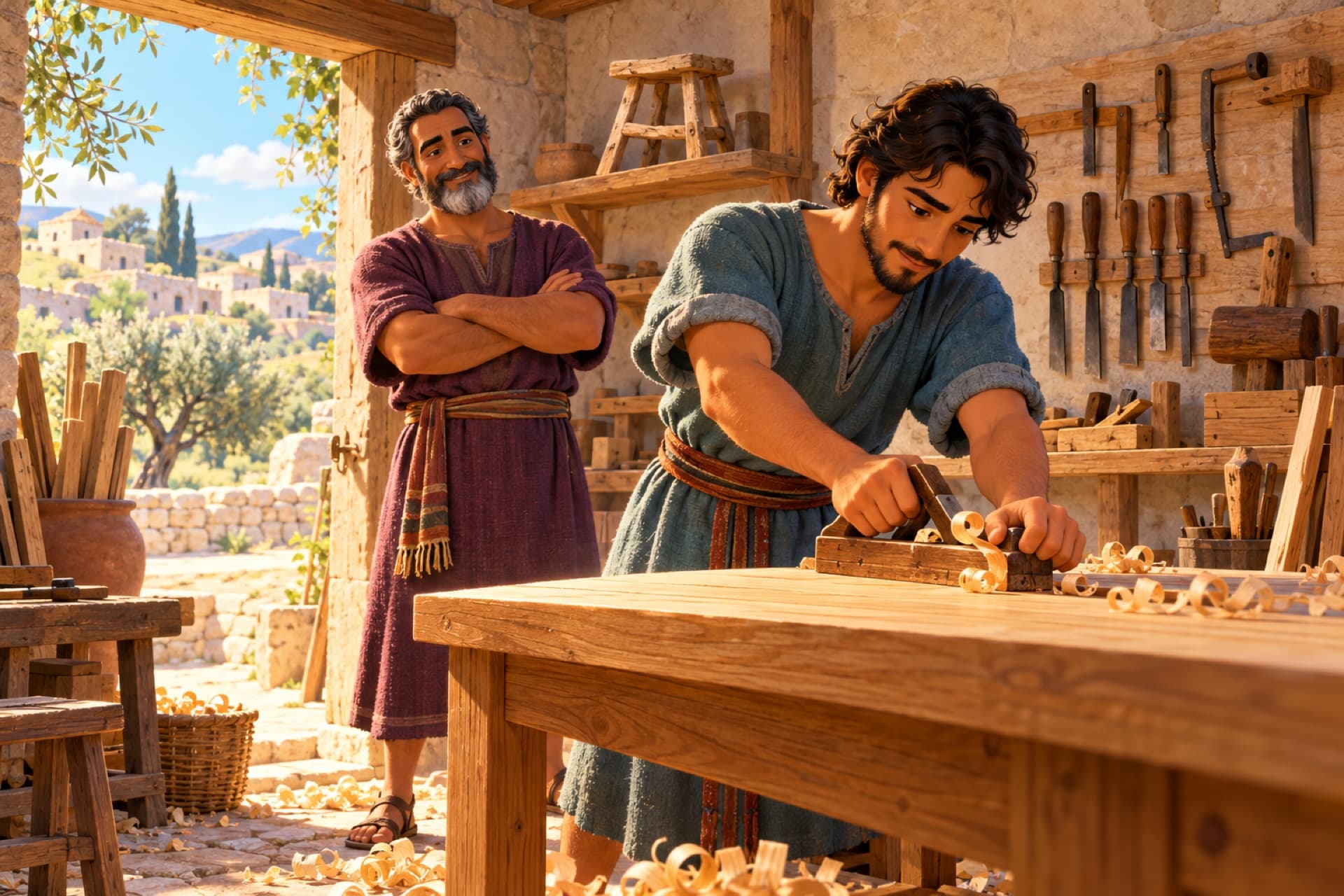 In a sunny workshop, a father watches proudly as his grown son finishes a sturdy table on his own.