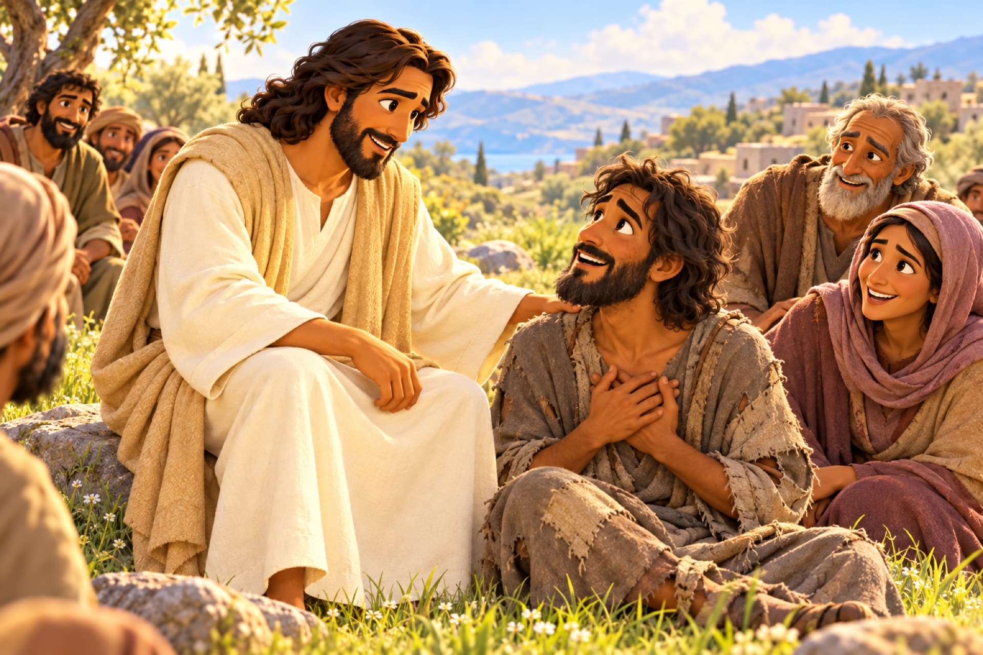 On the mountainside, Jesus smiles at a poor, ragged man at the front of the crowd, who looks up at him with his hands on his heart.