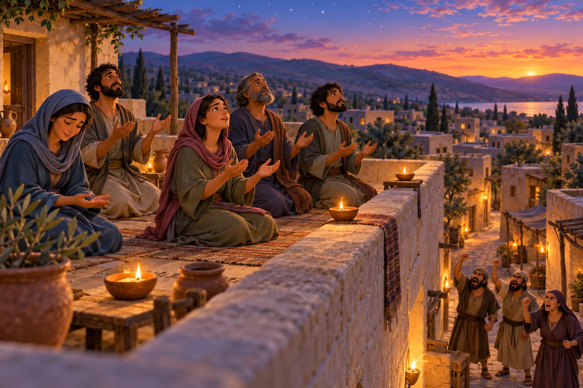 On a flat rooftop at dusk, a small group of disciples kneel and pray while angry neighbors shake their fists in the street below.