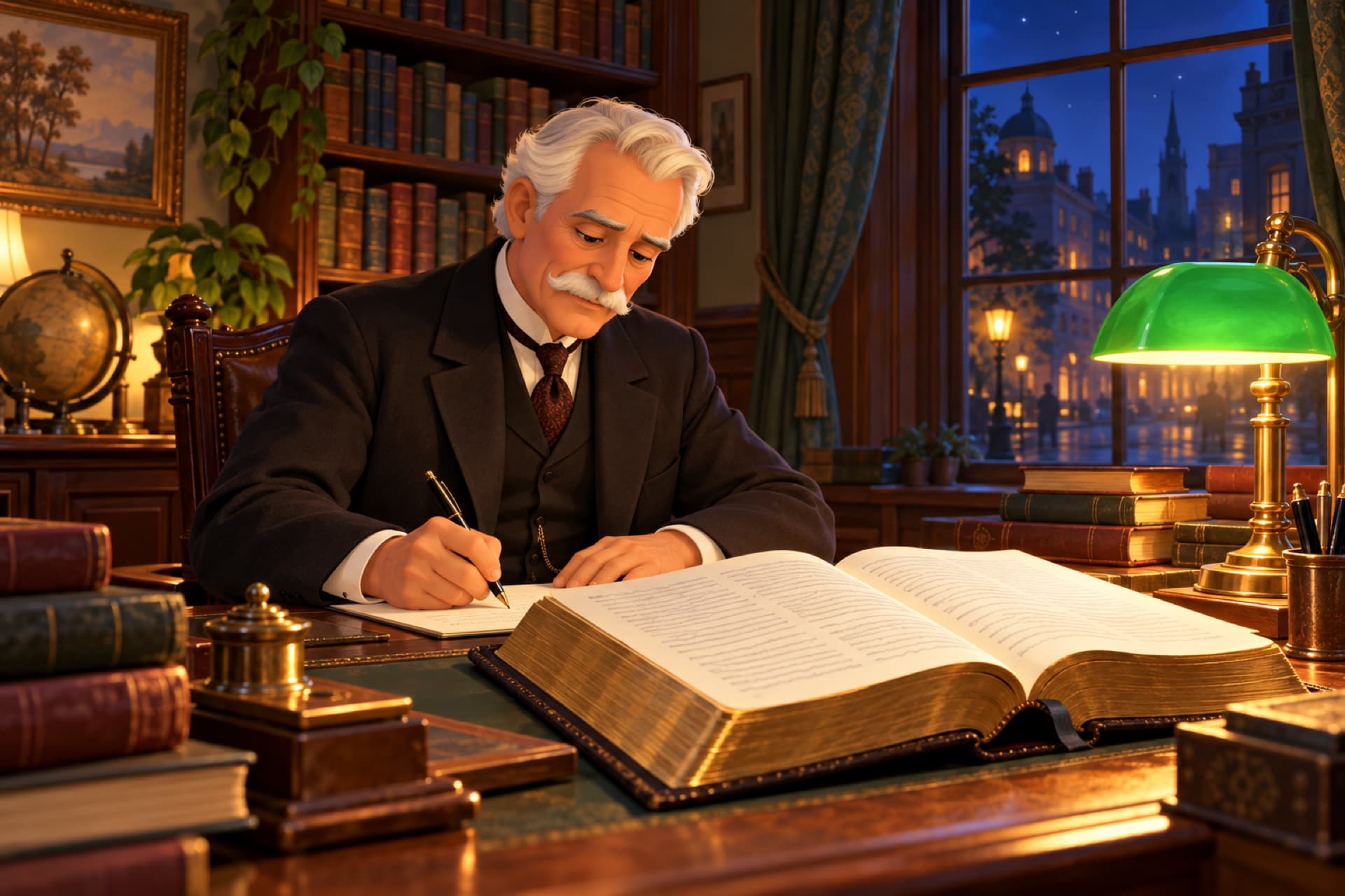In a book-lined study about 1910, an older man in a dark suit writes notes in the margin of a large open Bible by lamplight.
