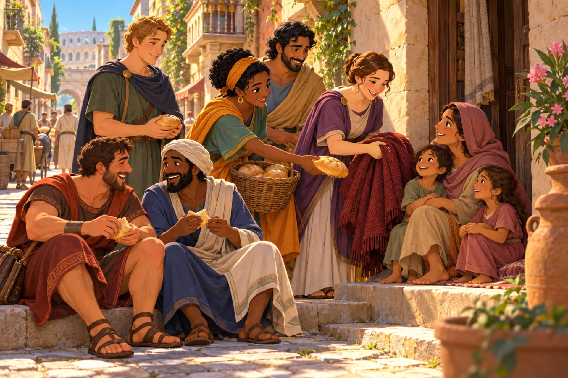 In a Roman street, Christians of different peoples hand bread and a warm cloak to poor neighbors, while a former enemy shares a meal with them.