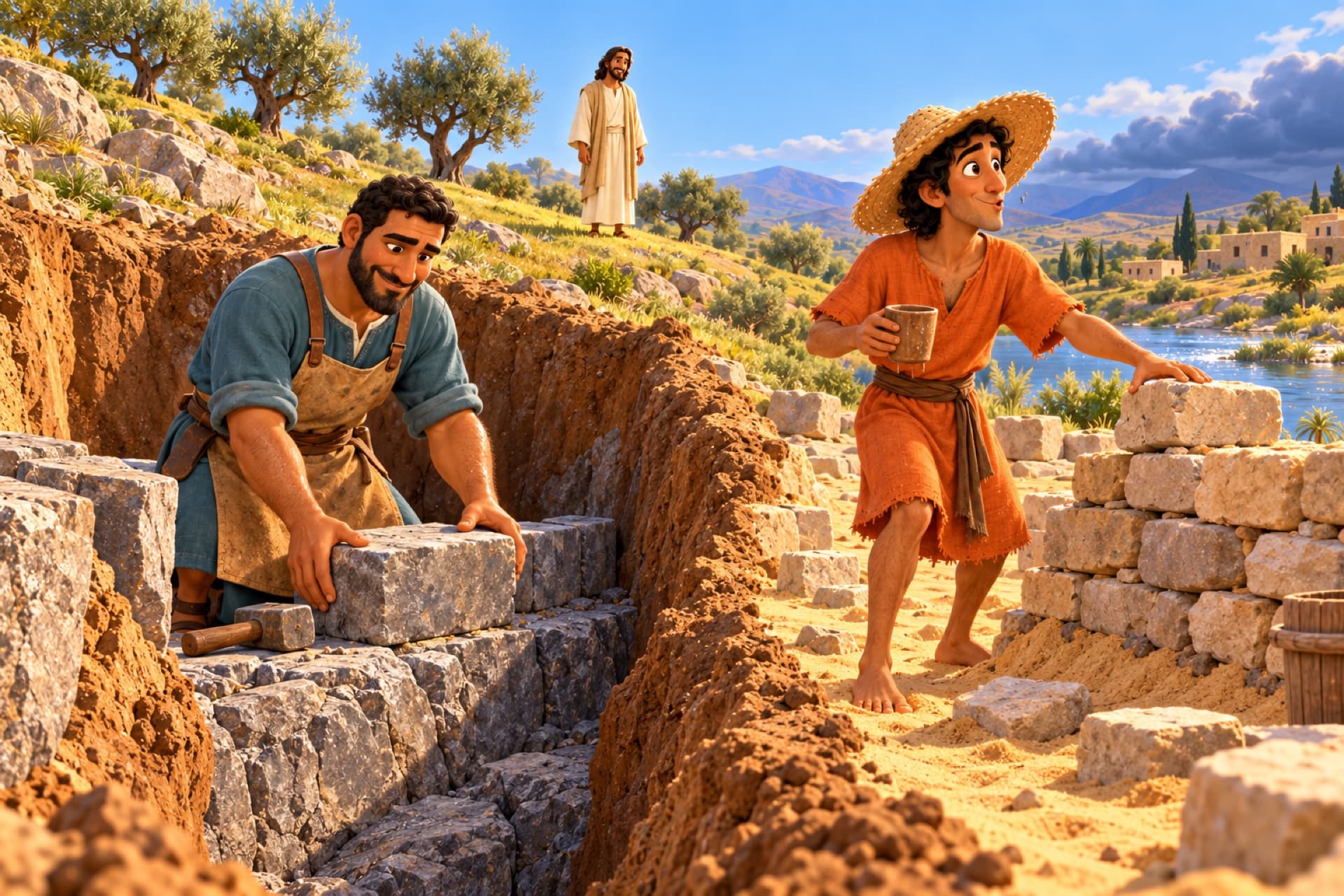 Two men build houses: one digs deep down to bedrock on a rocky hill, the other piles stones fast on a sandy riverbank, and Jesus watches from a hill far off.