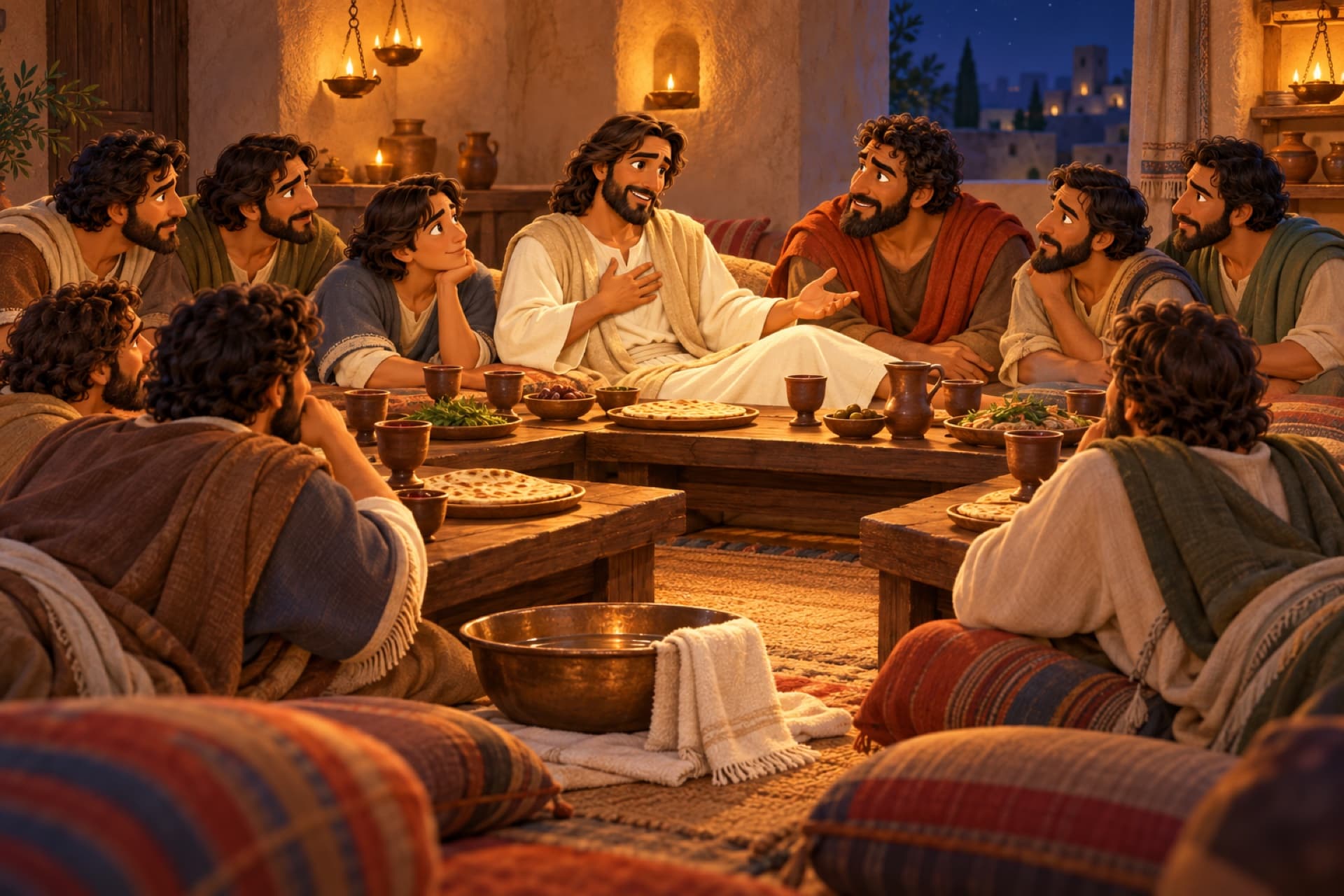In a lamp-lit upper room in Jerusalem, Jesus reclines at a low table and speaks warmly to his disciples, a basin and towel set aside.