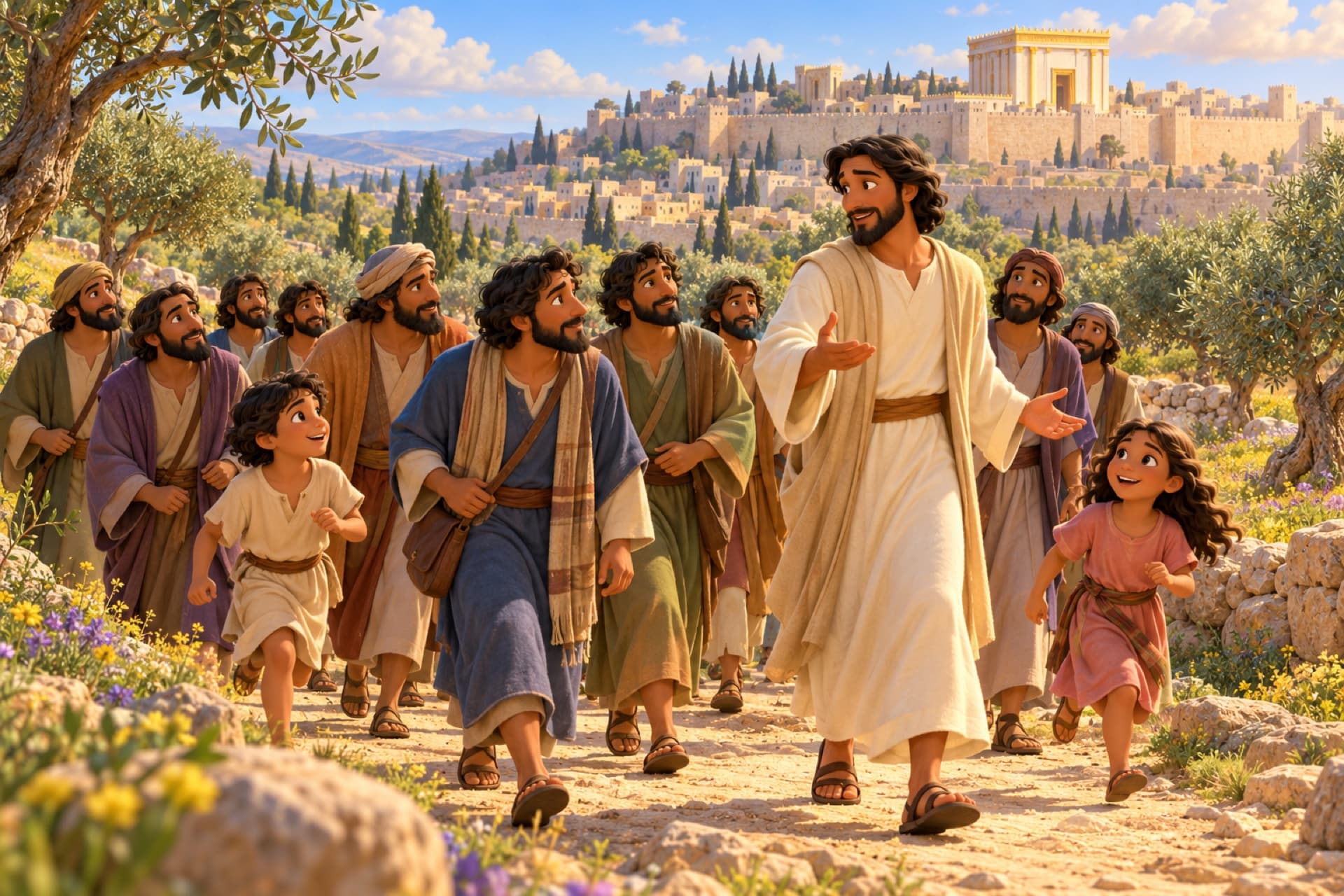 Jesus walks ahead of his disciples on a dusty road toward Jerusalem, turning to teach them.
