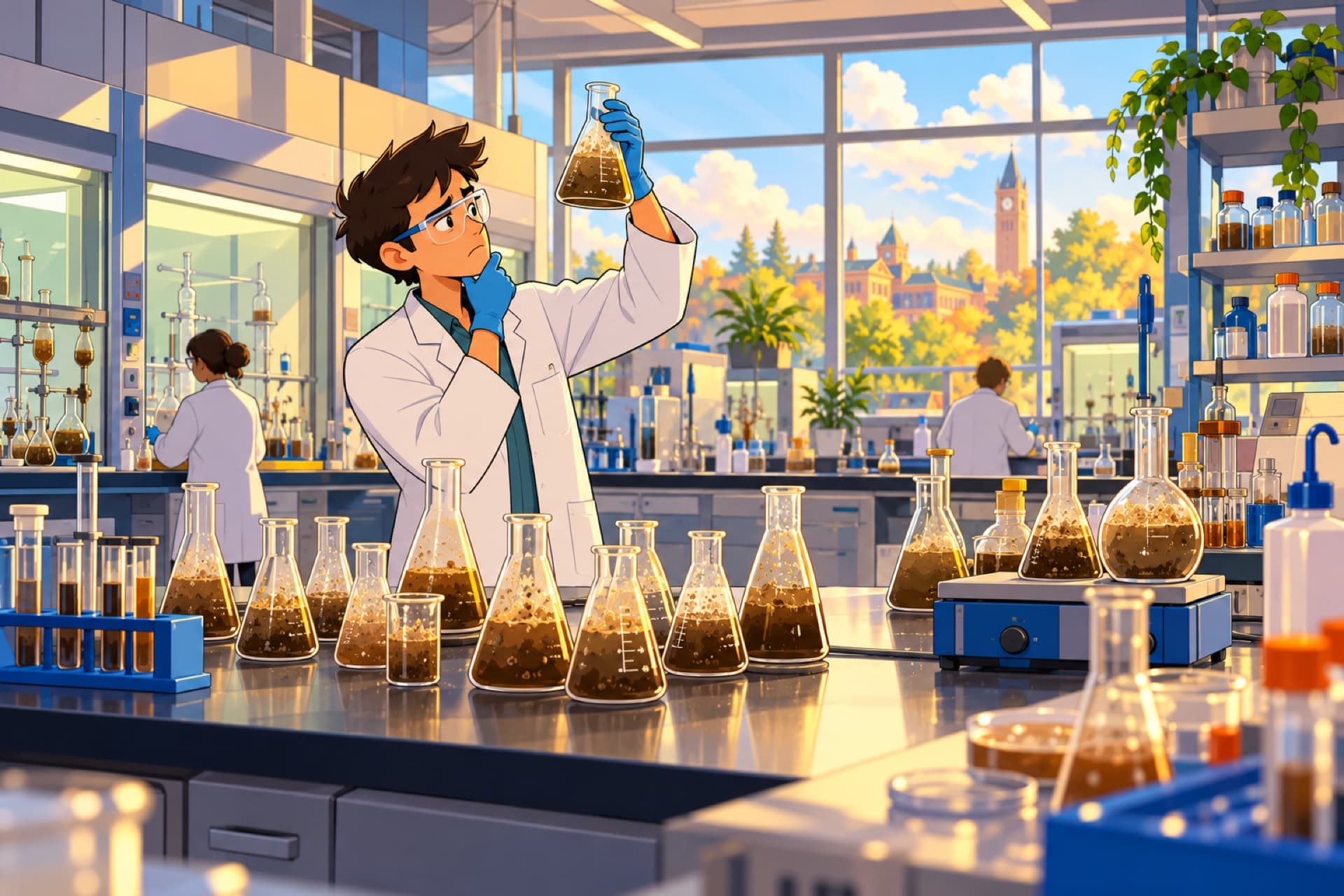A chemist in a lab coat frowns at rows of bubbling flasks of murky mixtures.
