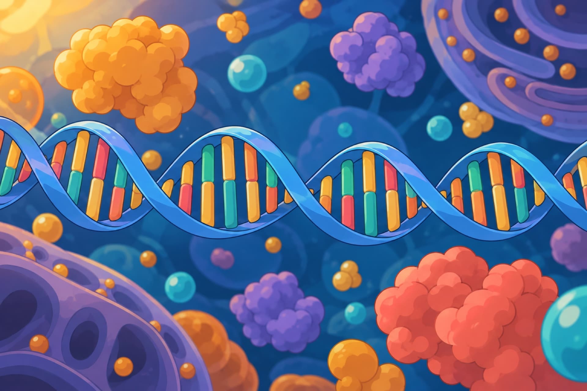 One long DNA double helix with bright colored rungs runs across a deep-blue cartoon cell.