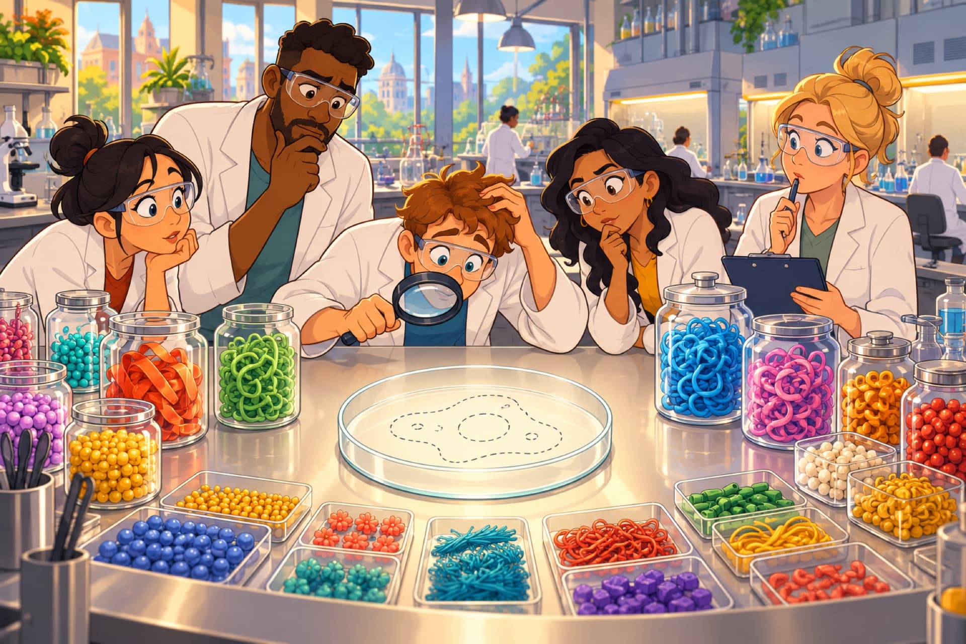 A team of scientists stands around an empty glass dish, surrounded by neat jars of every pure part a cell needs.