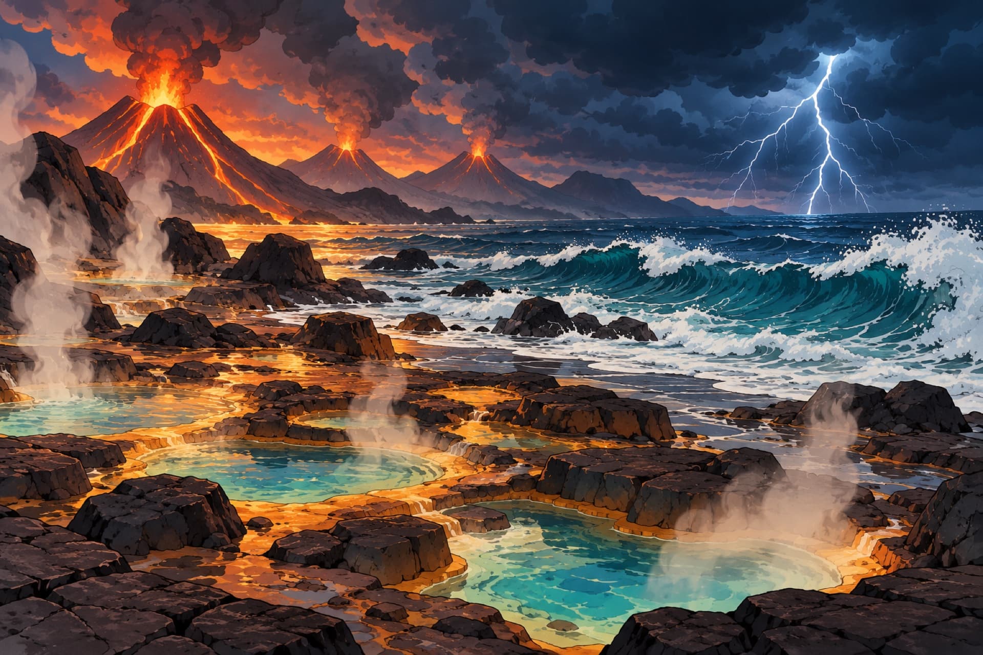 A young, stormy earth: volcanoes smoke behind a rocky shore of tide pools as lightning flashes over the sea.
