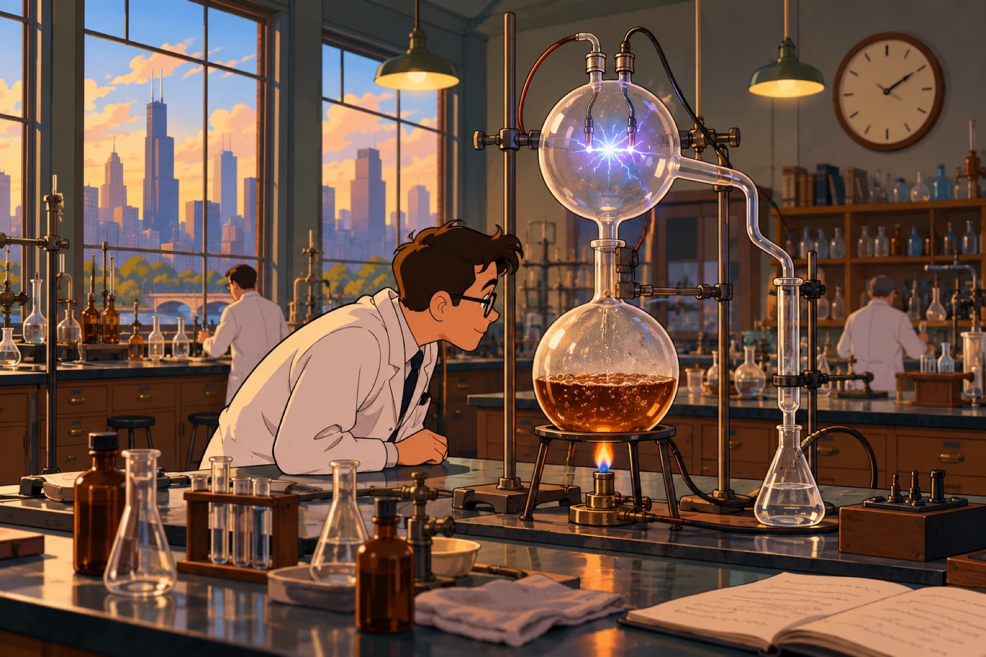 In a 1950s lab, a spark glows inside a glass flask joined by tubes to a flask of brownish water, as a young chemist peers at it.