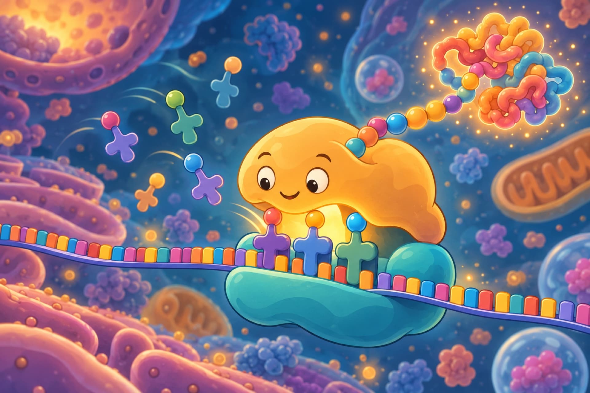 A cartoon molecular machine reads a long ribbon and strings colored beads into a chain.