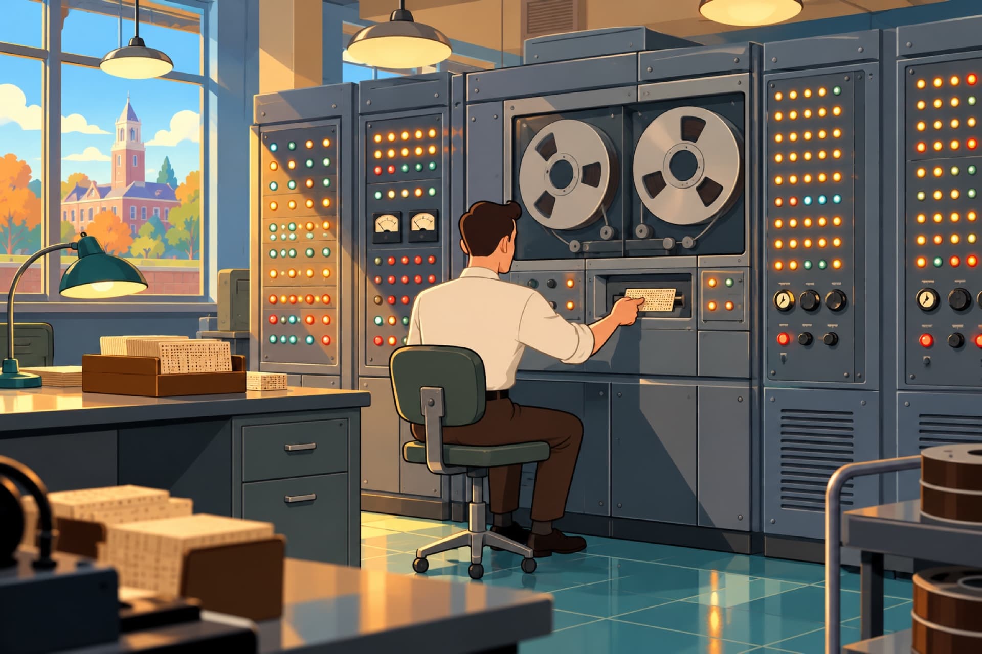 A 1950s computer room: tall cabinets of blinking lights and spinning tape reels, an engineer at the console.