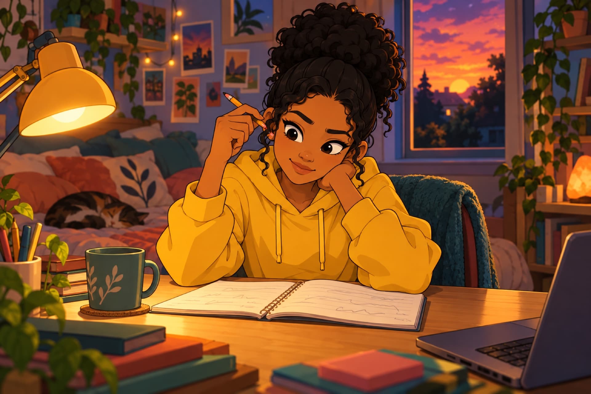 A teenager works through a problem on paper at her desk, pencil raised, thinking hard.